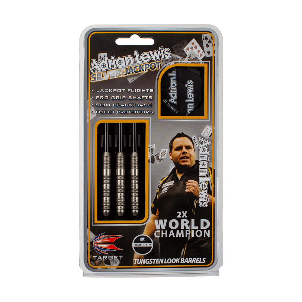 100540_Target_Adrian_Lewis_Silver_Jackpot_Softdarts_3 Das Bild zeigt das Produkt "Target Adrian Lewis Silver Jackpot Softdarts - 18g" in seiner Verpackung. Auf der Verpackung sind drei Dartpfeile, Zubehör sowie ein Bild eines Dartspielers abgebildet.