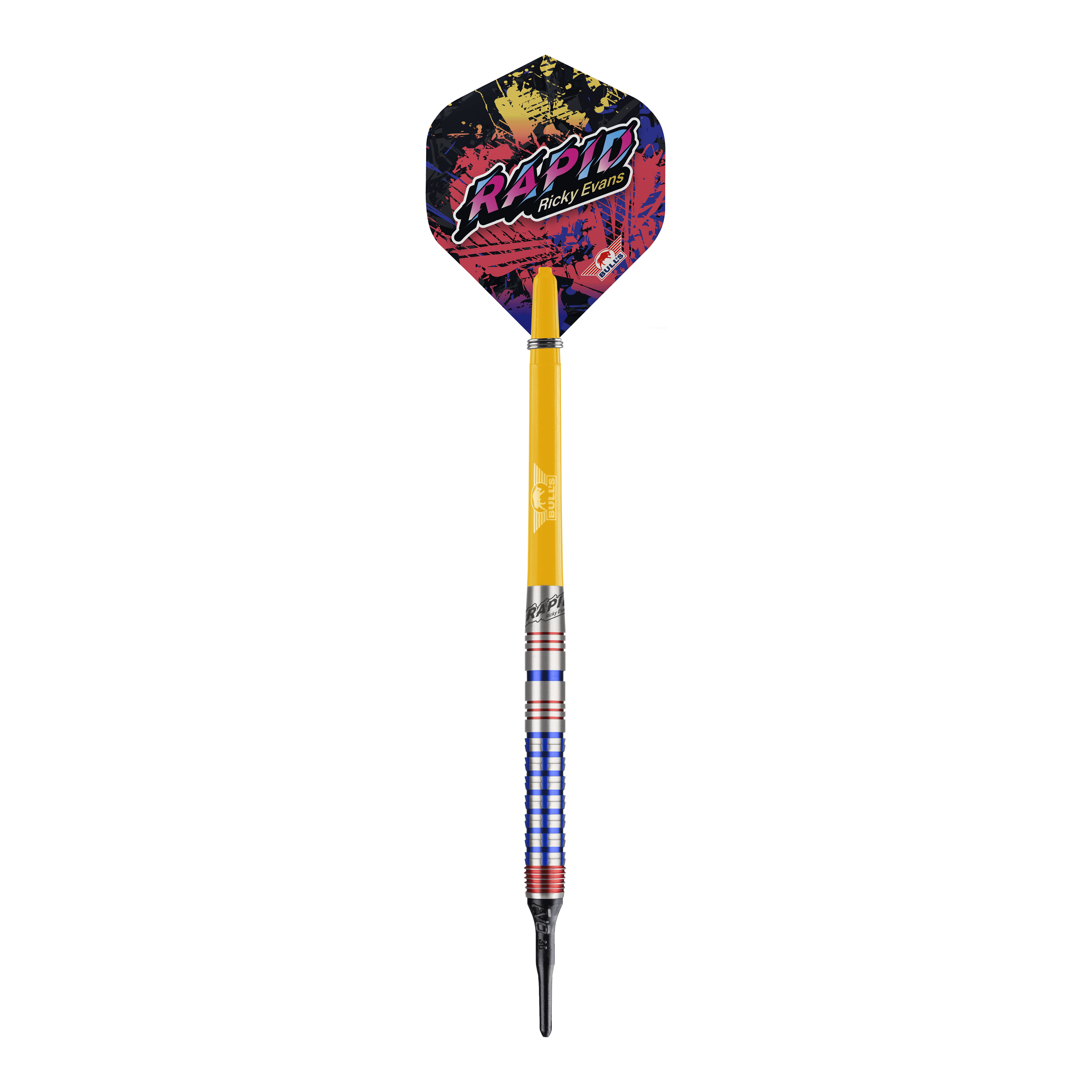 Bulls NL Ricky Evans Rapid Edition One Softdarts - 20g Das Bild zeigt einen Softdart aus der Serie "Bulls NL Ricky Evans Rapid Edition One" mit einem Gewicht von 20 Gramm. Der Dart hat bunte Akzente, einen gelben Schaft und eine auffällige Flights mit dem Schriftzug "RAPID Ricky Evans".