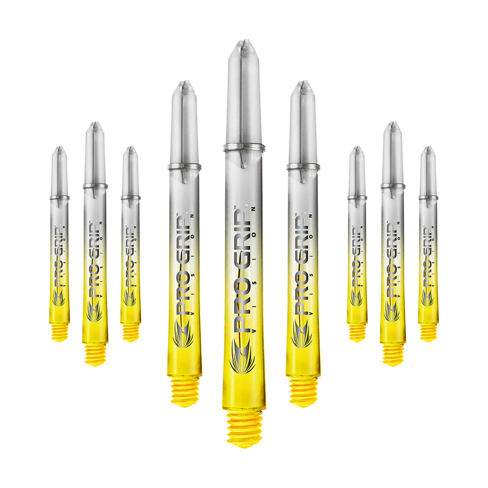 Das Bild zeigt neun Dartschäfte in Gelb und Transparent mit der Aufschrift "Pro Grip". Die Schäfte sind in einer Reihe angeordnet und sind für den Gebrauch mit Dartpfeilen bestimmt.