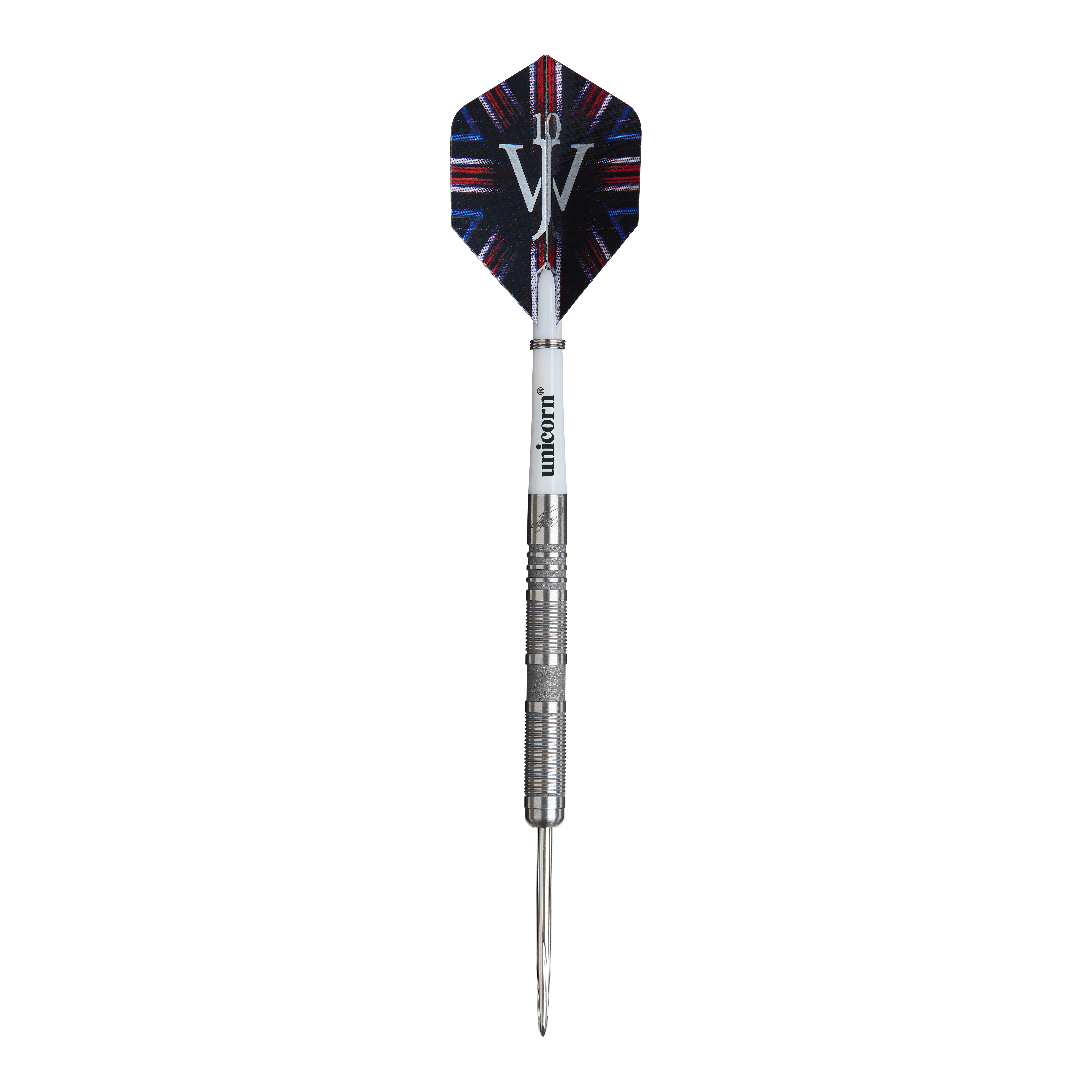 Das Bild zeigt einen Steeldartpfeil aus der Produktreihe „Unicorn James Wade The Machine Range Phase 4“. Der Dartpfeil hat eine silberne Spitze und einen Flight mit buntem Design und den Buchstaben „JW“.