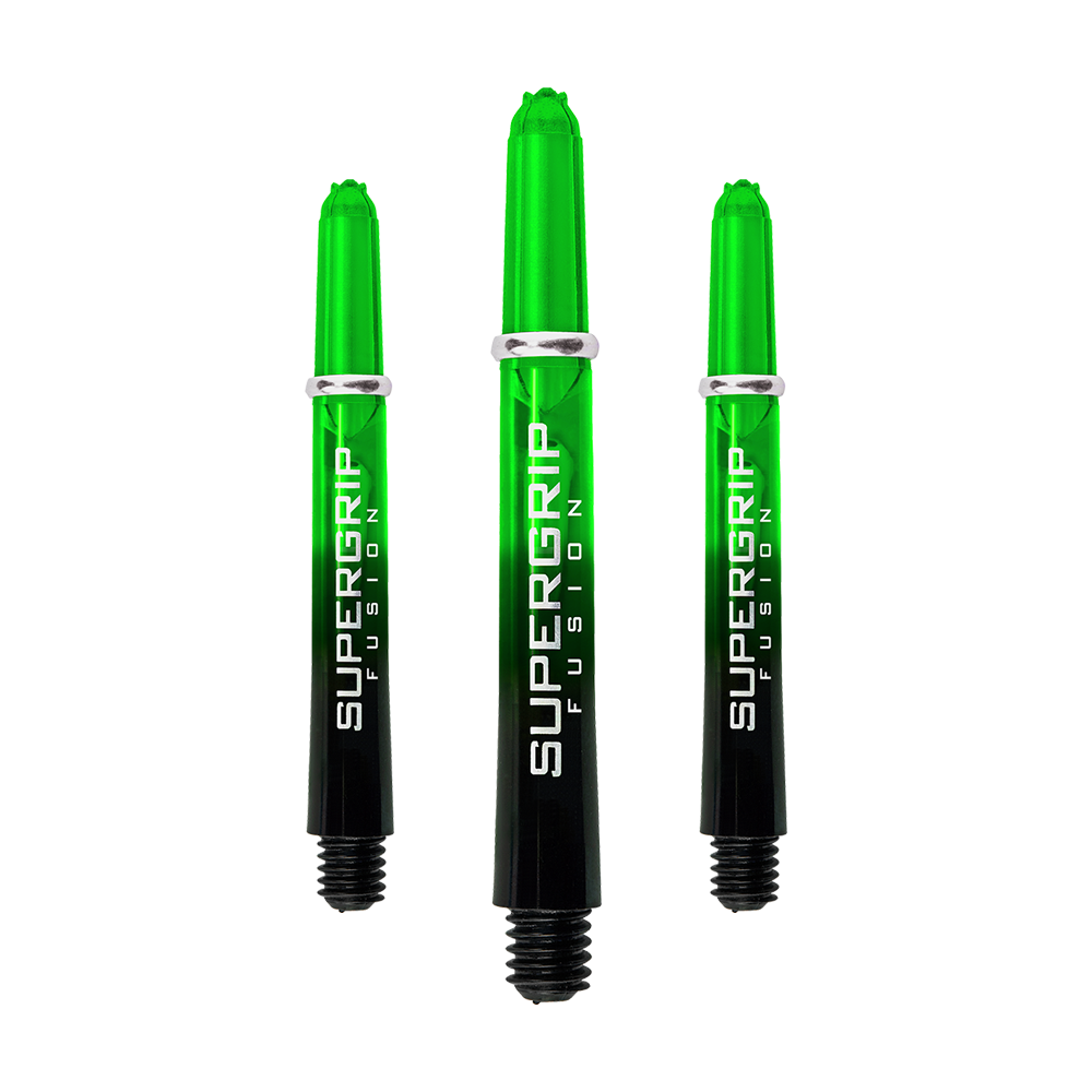 Das Bild zeigt drei grüne Harrows Supergrip Fusion Shafts. Die Shafts sind schwarz und grün mit weißer Aufschrift.