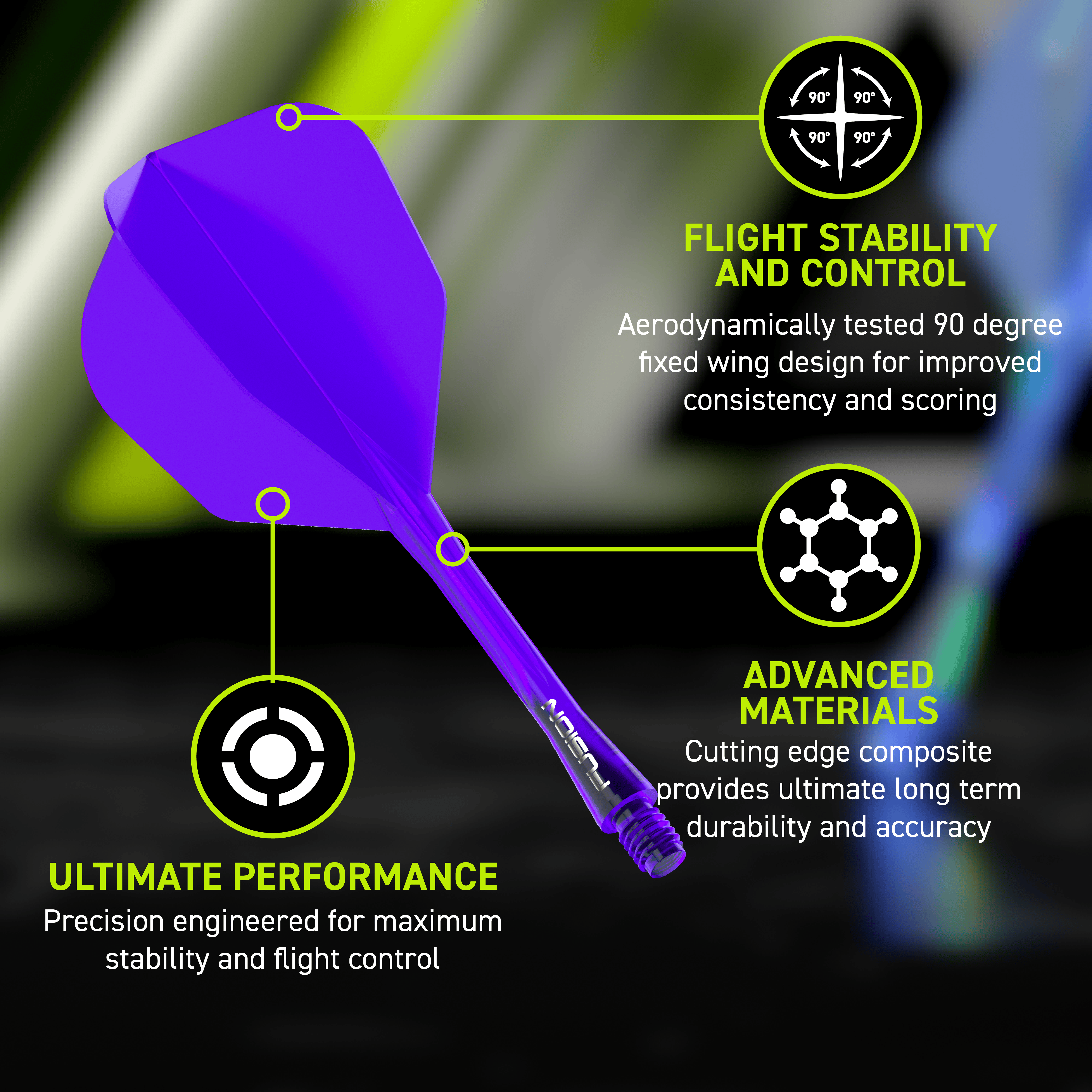 Das Bild zeigt das Winmau Fusion Flight-Shaft-System No6 in Lila. Es verbessert die Flugeigenschaften von Dartpfeilen.
