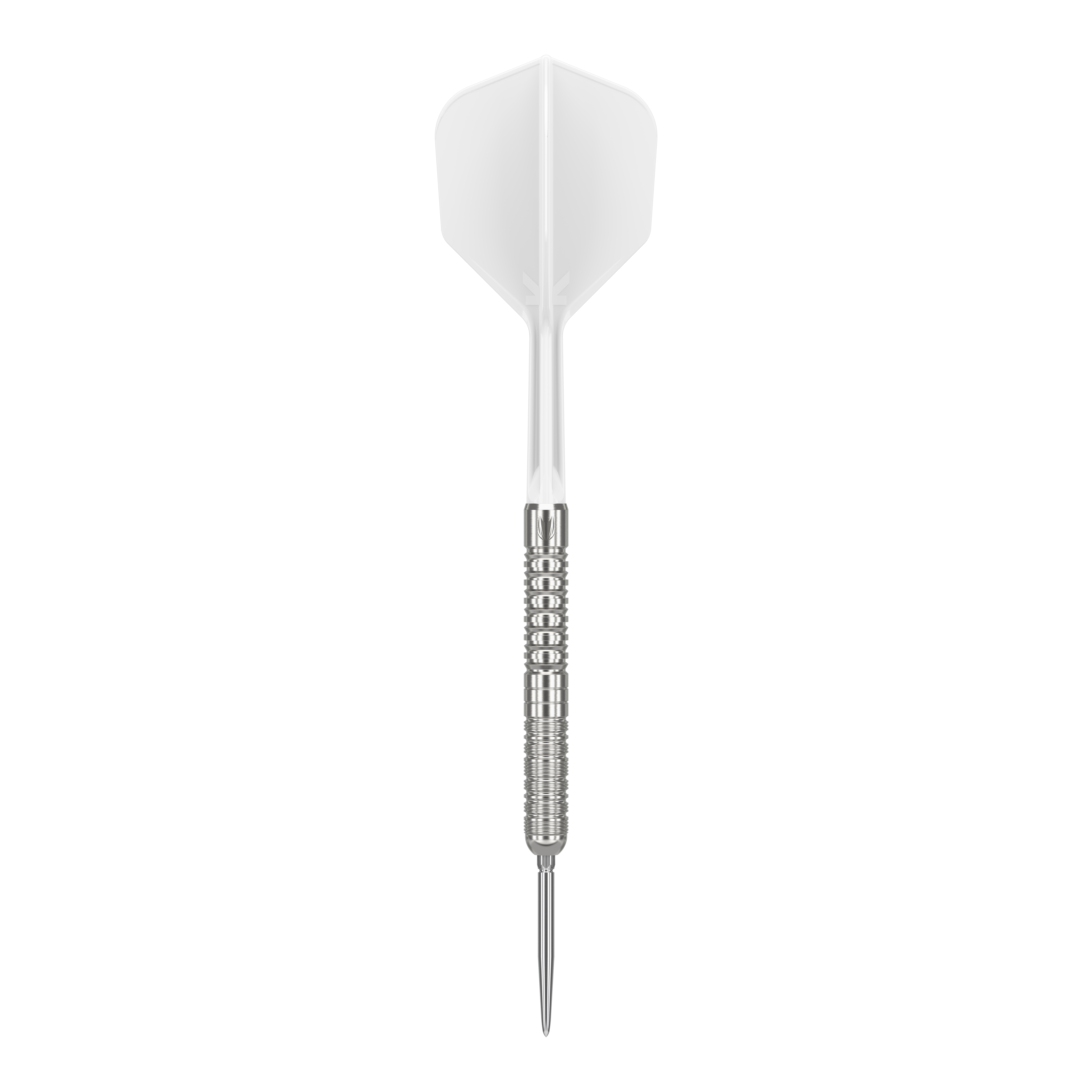 Das Bild zeigt einen Steeldart mit silbernem Schaft und weißer Flights. Es handelt sich um das Produkt "Target Japan Crux Honor Swiss Point Steeldarts - 23g".