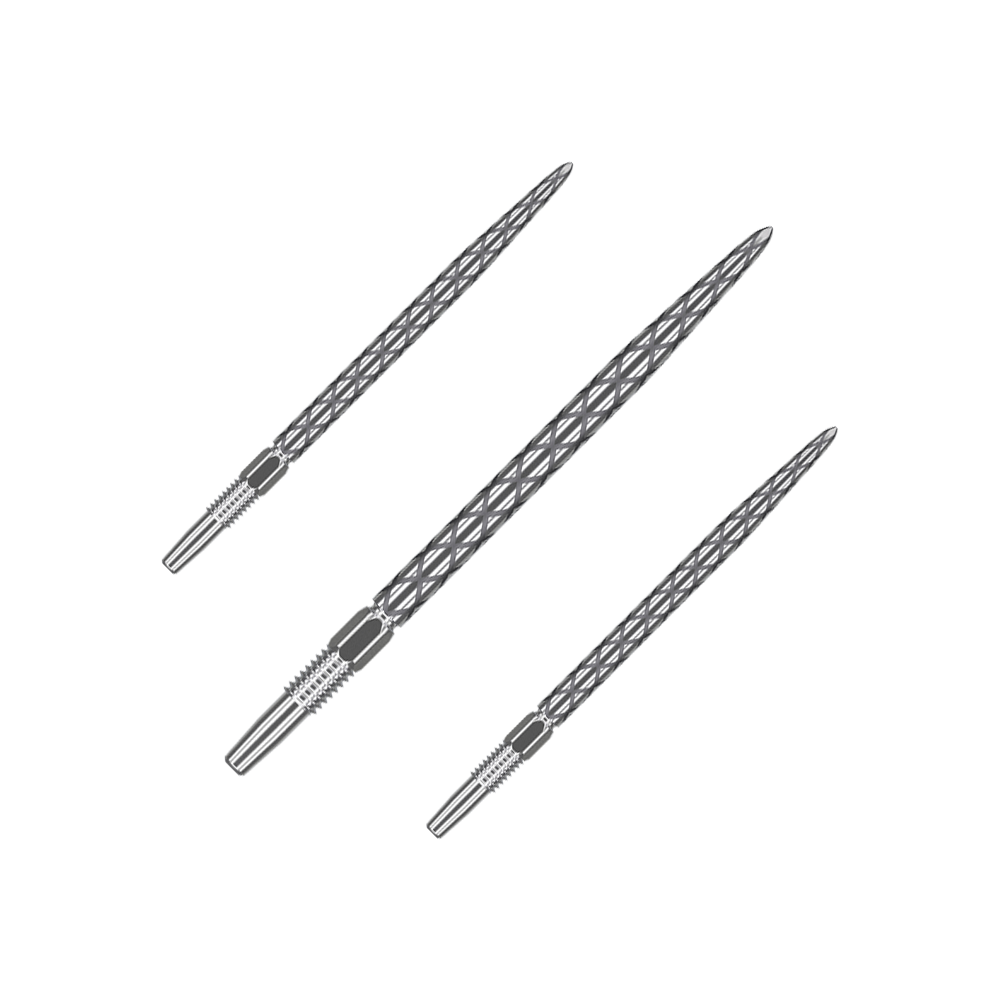 Das Bild zeigt drei silberne Dartspitzen mit einem Rautenmuster. Sie sind schmal und haben ein detailliertes, strukturiertes Design.