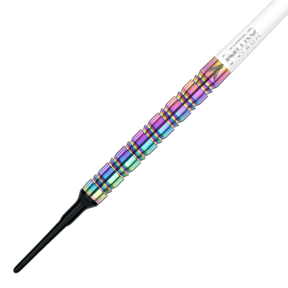 Das Bild zeigt einen bunten Softdart mit Regenbogeneffekt aus der Serie "Red Dragon Peter Wright Snakebite 1." Der Dart wiegt 18 Gramm und hat eine weiße und schwarze Spitze sowie einen auffälligen, geriffelten Griff.