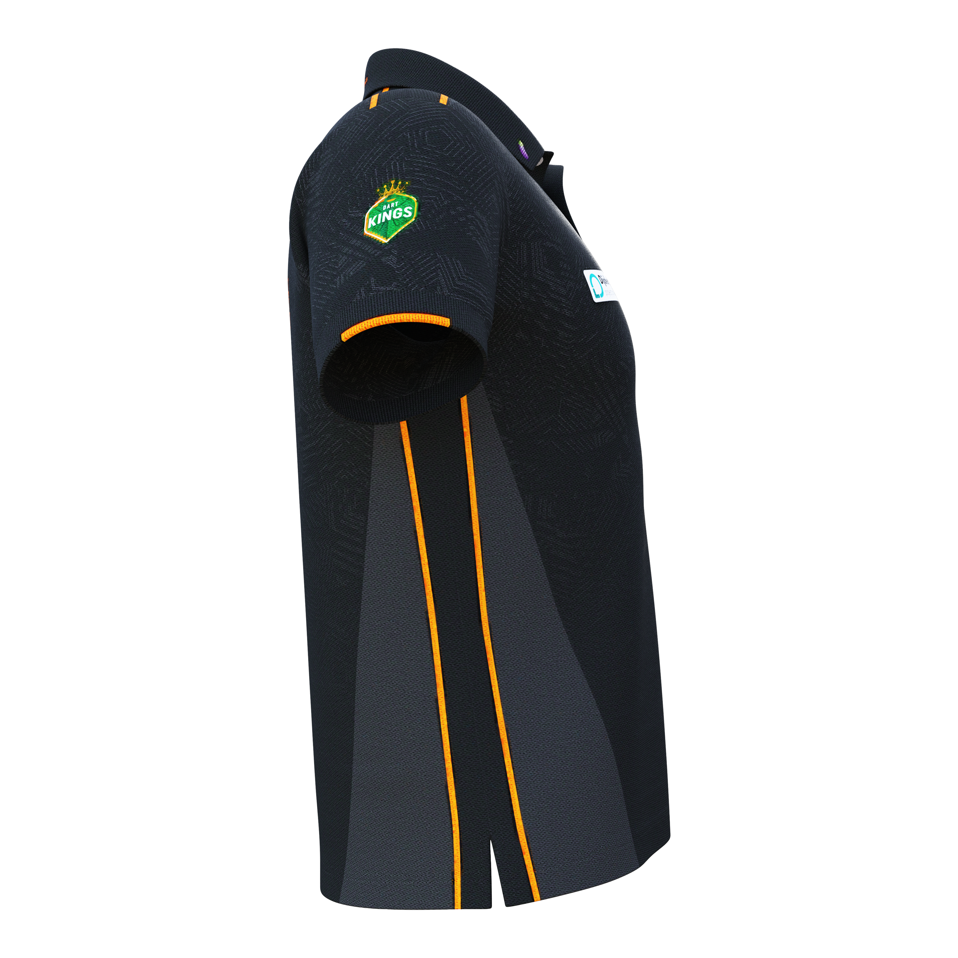 Bulls NL Dirk Van Duijvenbode Matchshirt 2025 Das Bild zeigt das 'Bulls NL Dirk Van Duijvenbode Matchshirt 2025'. Das Shirt ist überwiegend schwarz mit orangefarbenen Streifen und einem Logo auf dem Ärmel.