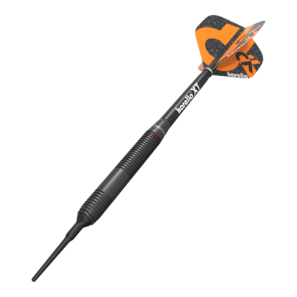 Karella Daniel Klose Softdarts Auf dem Bild ist der Karella Daniel Klose Softdart zu sehen. Der Dartpfeil hat ein schwarzes Gehäuse mit orangenen Flights und dem Karella-Logo.