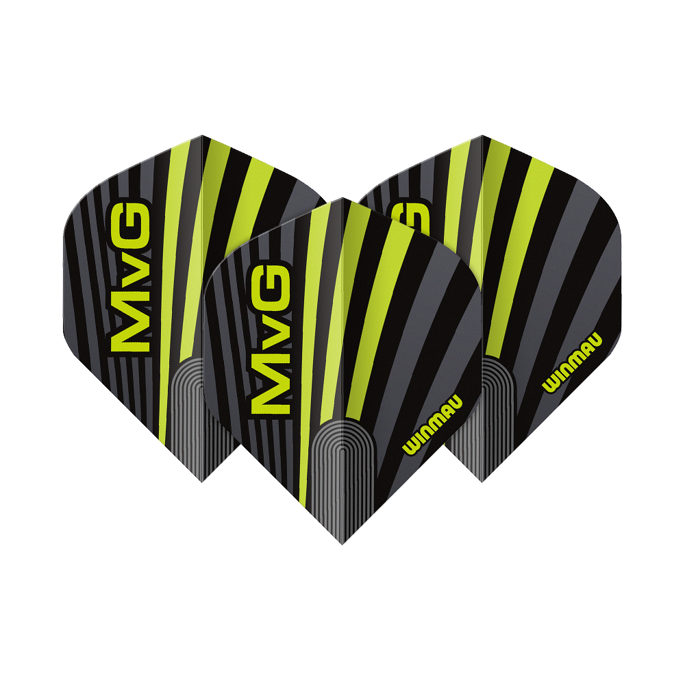 Abgebildet sind die Winmau Prism Delta MvG Grey Green No2 Standard Flights. Diese Dart-Flights haben ein graues und grünes Design.