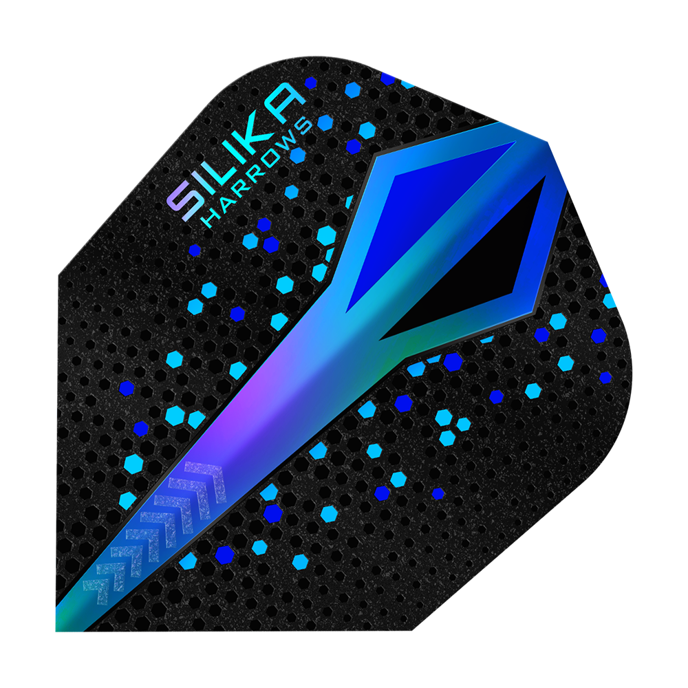 Das Bild zeigt einen Harrows Silika Colourshift Tough Crystalline Coating Blue No6 Flight. Das Design ist schwarz mit blauen und türkisfarbenen Akzenten und einem schimmernden Muster.