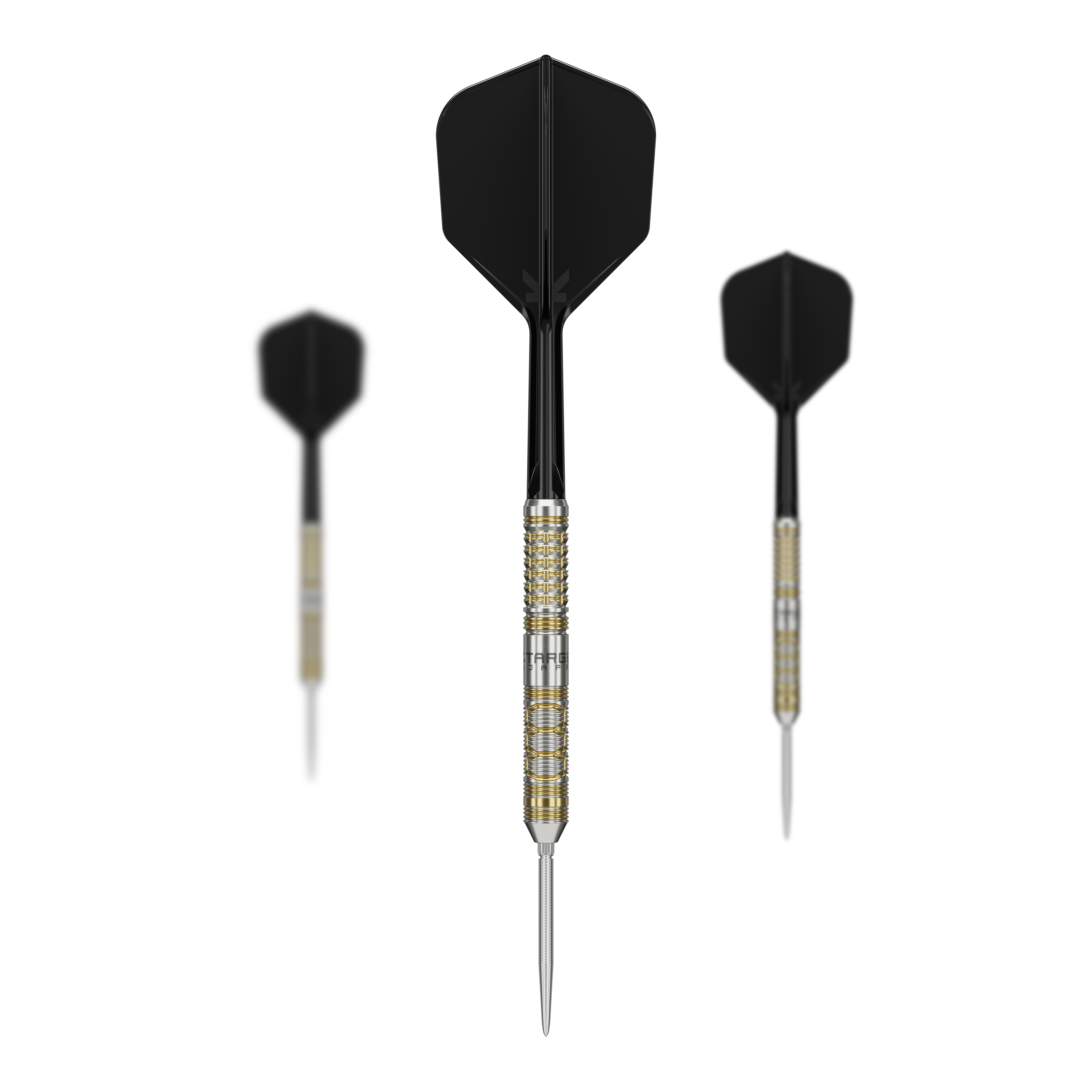 Target Japan Black Marque Reyn GEN2 Steeldarts Das Bild zeigt drei Target Japan Black Marque Reyn GEN2 Steeldarts mit schwarzen Flights. Die Dartpfeile haben einen silbernen und goldenen Griffbereich sowie lange, spitze Spitzen.