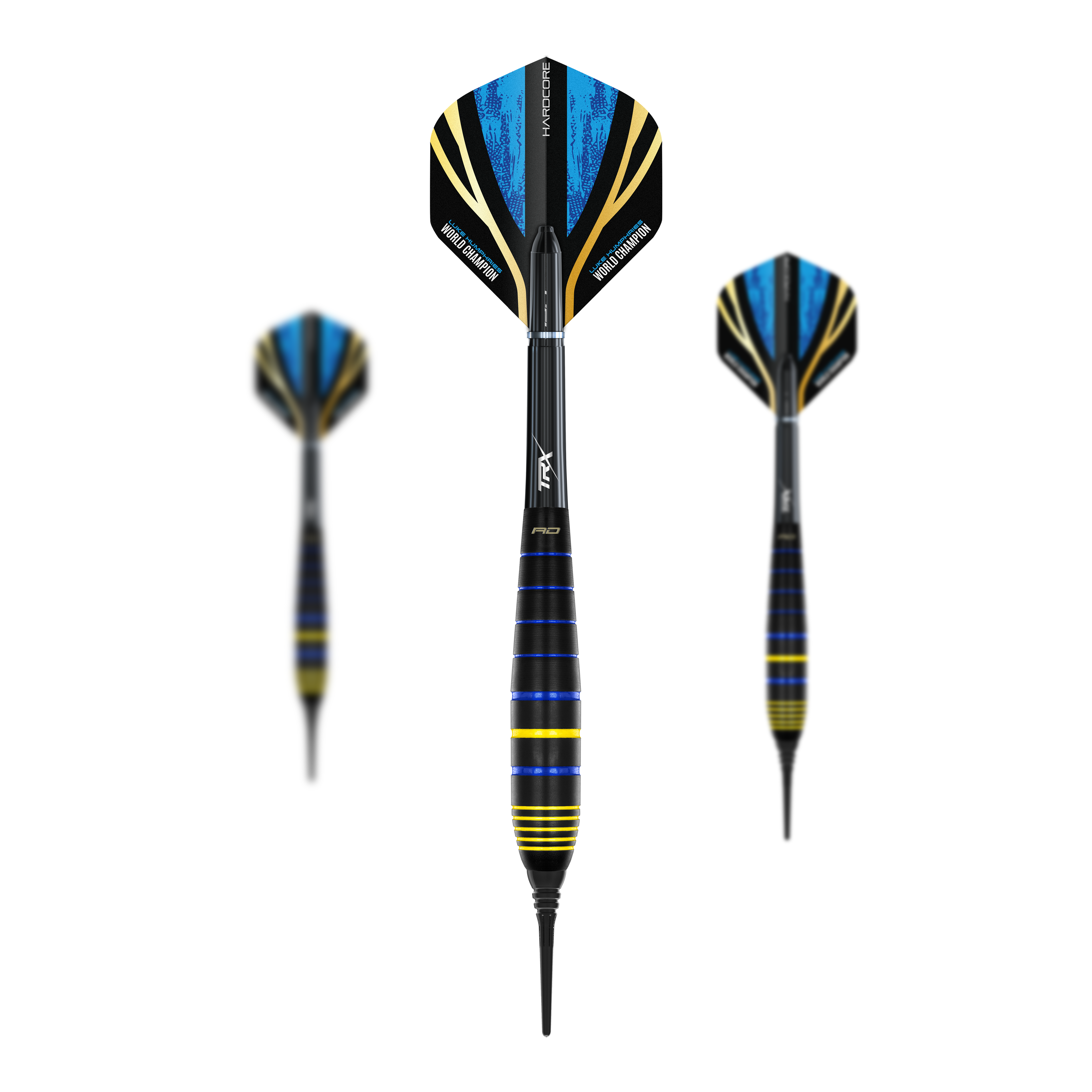 Das Bild zeigt drei Softdarts des Modells "Red Dragon Luke Humphries World Champion Brass Softdarts - 20g". Die Darts haben schwarze, blaue und gelbe Farbakzente sowie Flights mit blauen und goldenen Details.