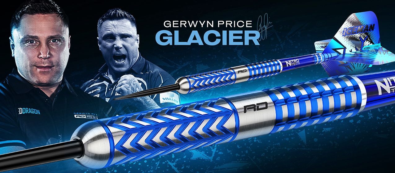 Das Bild zeigt zwei Porträts eines Mannes und einen modernen blau-silbernen Dartpfeil im Vordergrund. Oben steht der Name "Gerwyn Price Glacier" und weitere Details sind im sportlichen Stil gestaltet.