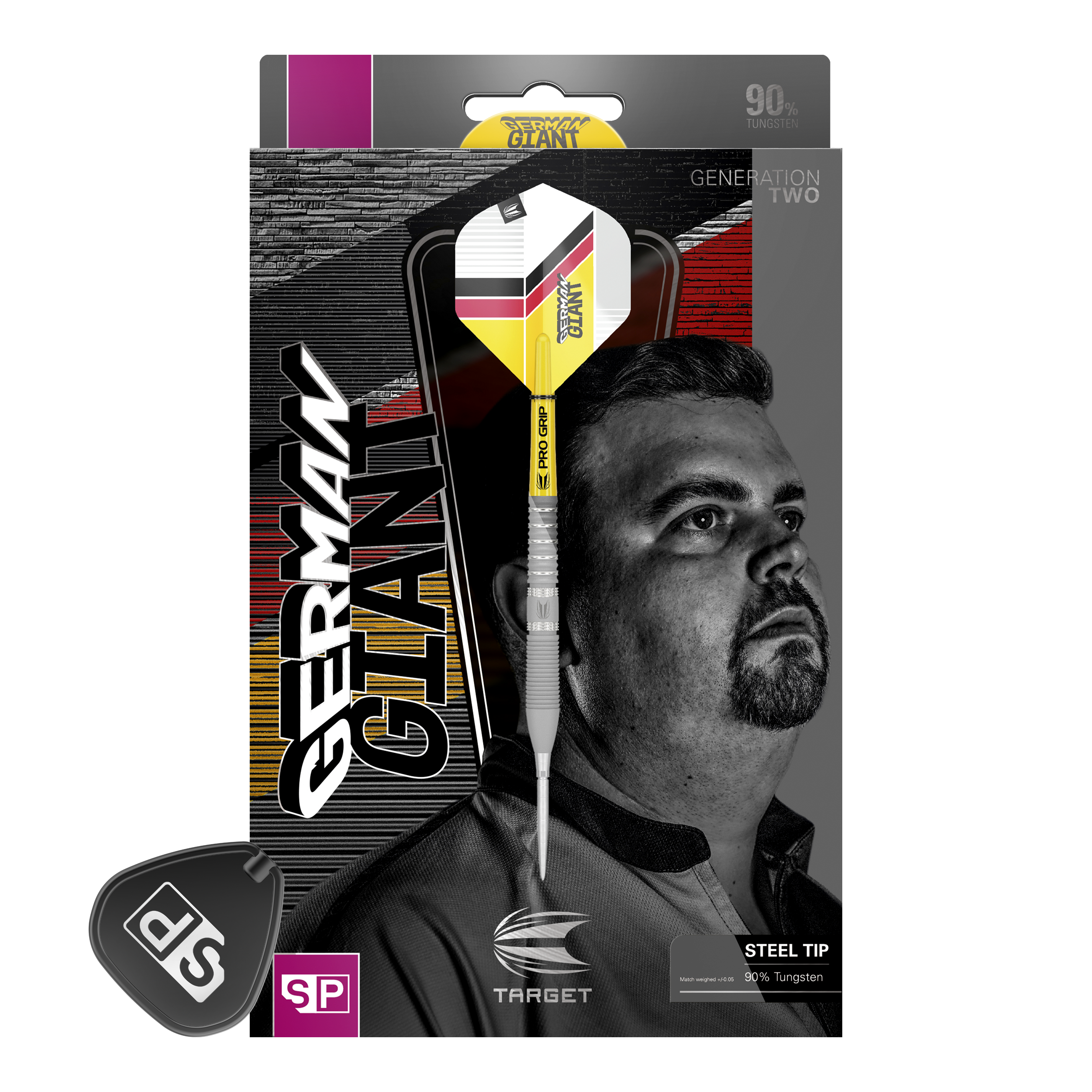 Target Gabriel Clemens GEN2 Swiss Point Steeldarts Auf der Verpackung ist ein Steeldart mit gelbem, weißem und schwarzem Design abgebildet. Im Hintergrund sieht man das Porträt eines Mannes sowie den Schriftzug „GERMAN GIANT“.