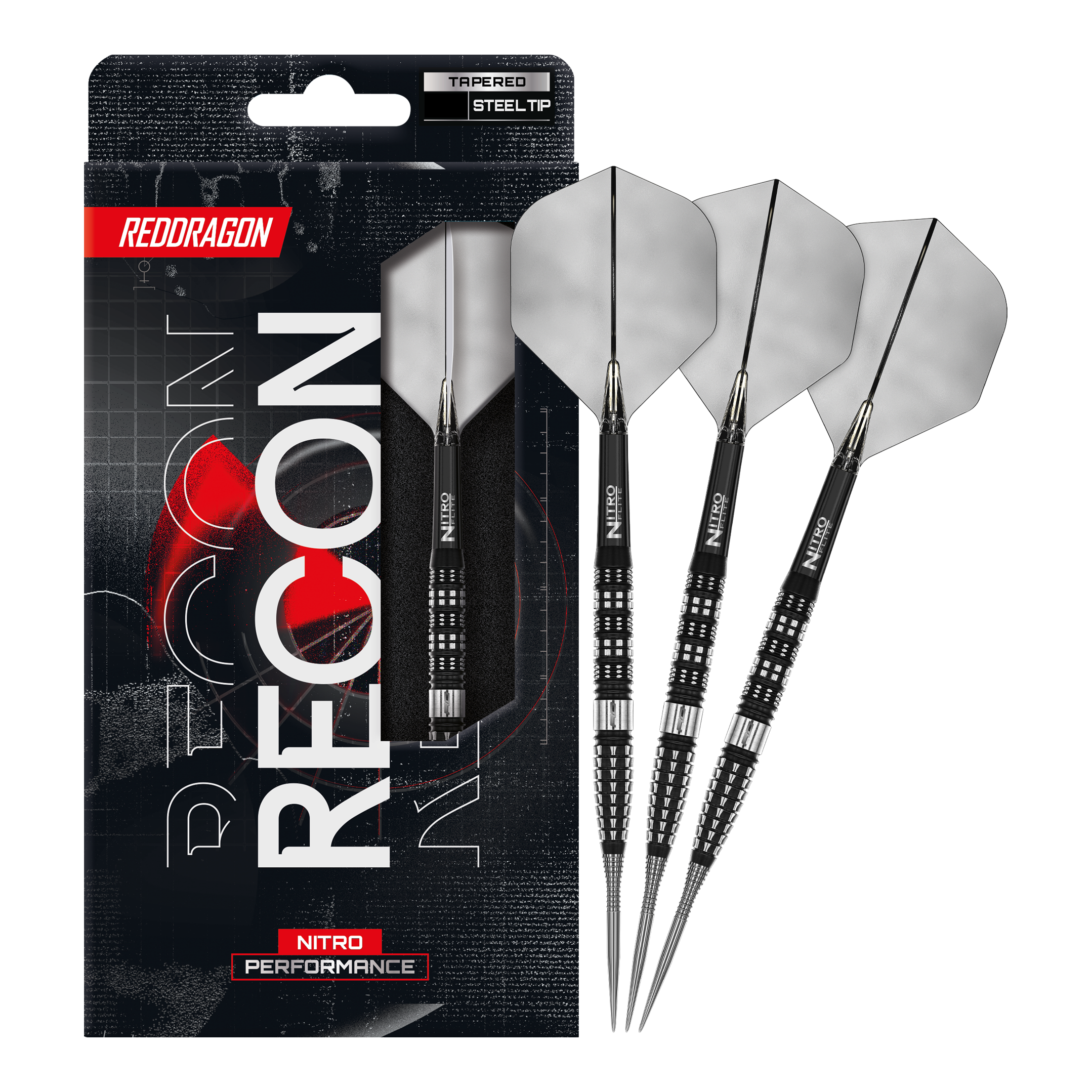 Red Dragon Recon Tapered Steeldarts. Das vollständige Set der Steeldarts wird auf dem Bild präsentiert.