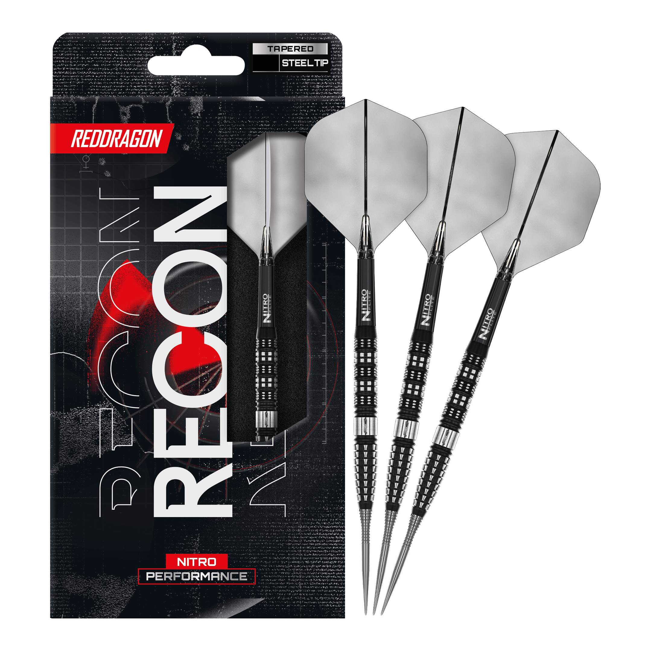 Red Dragon Recon Tapered Steeldarts Red Dragon Recon Tapered Steeldarts. Das vollständige Set der Steeldarts wird auf dem Bild präsentiert.