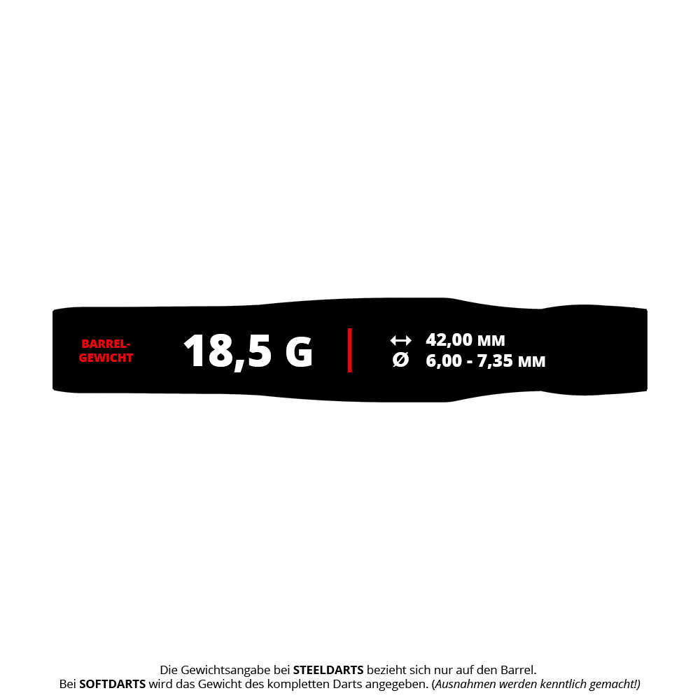 Target Japan Crux Brave Softdarts - 18,5g Das Bild zeigt die Produktdaten der "Target Japan Crux Brave Softdarts - 18,5g". Es werden das Barrelgewicht von 18,5 g, die Länge von 42,00 mm und der Durchmesser von 6,00 - 7,35 mm angezeigt.