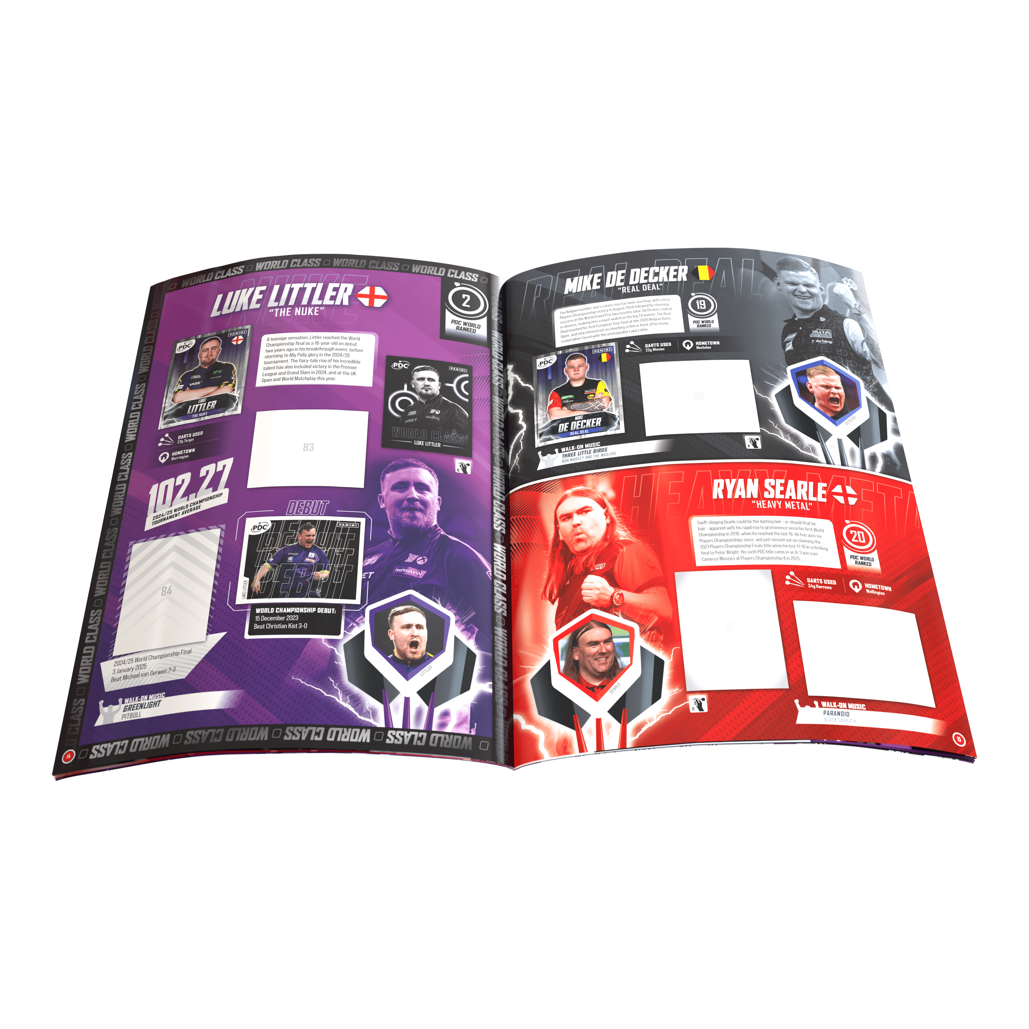 Das Bild präsentiert das Panini PDC World Darts Championship 2025/26 Sticker Softcover Sammelalbum. Mit diesem Album können Fans Sticker der Dart-Weltmeisterschaft sammeln und ordnen.