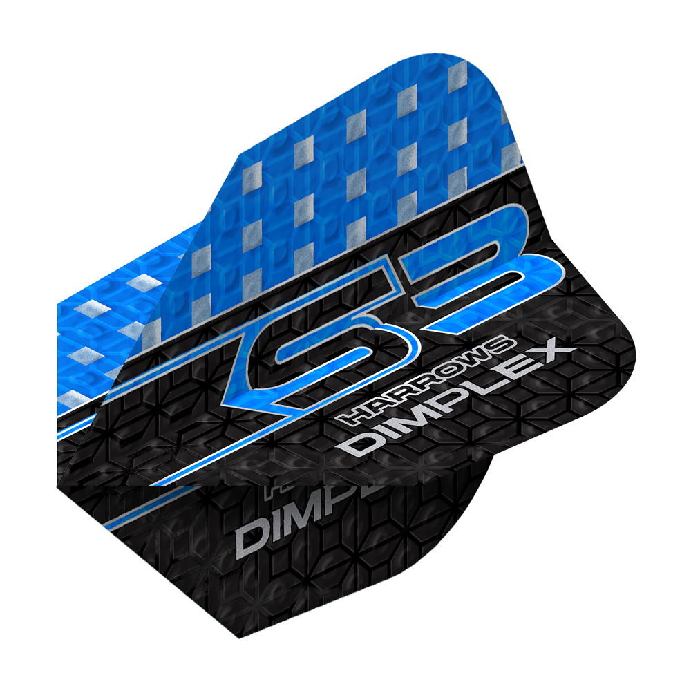 Harrows Dimplex S3 Flights - Blau Das Bild zeigt ein Harrows Dimplex S3 Flight in Blau. Das Flight hat ein blau-schwarzes Design mit silbernen Akzenten und der Aufschrift "S3 Harrows Dimplex".