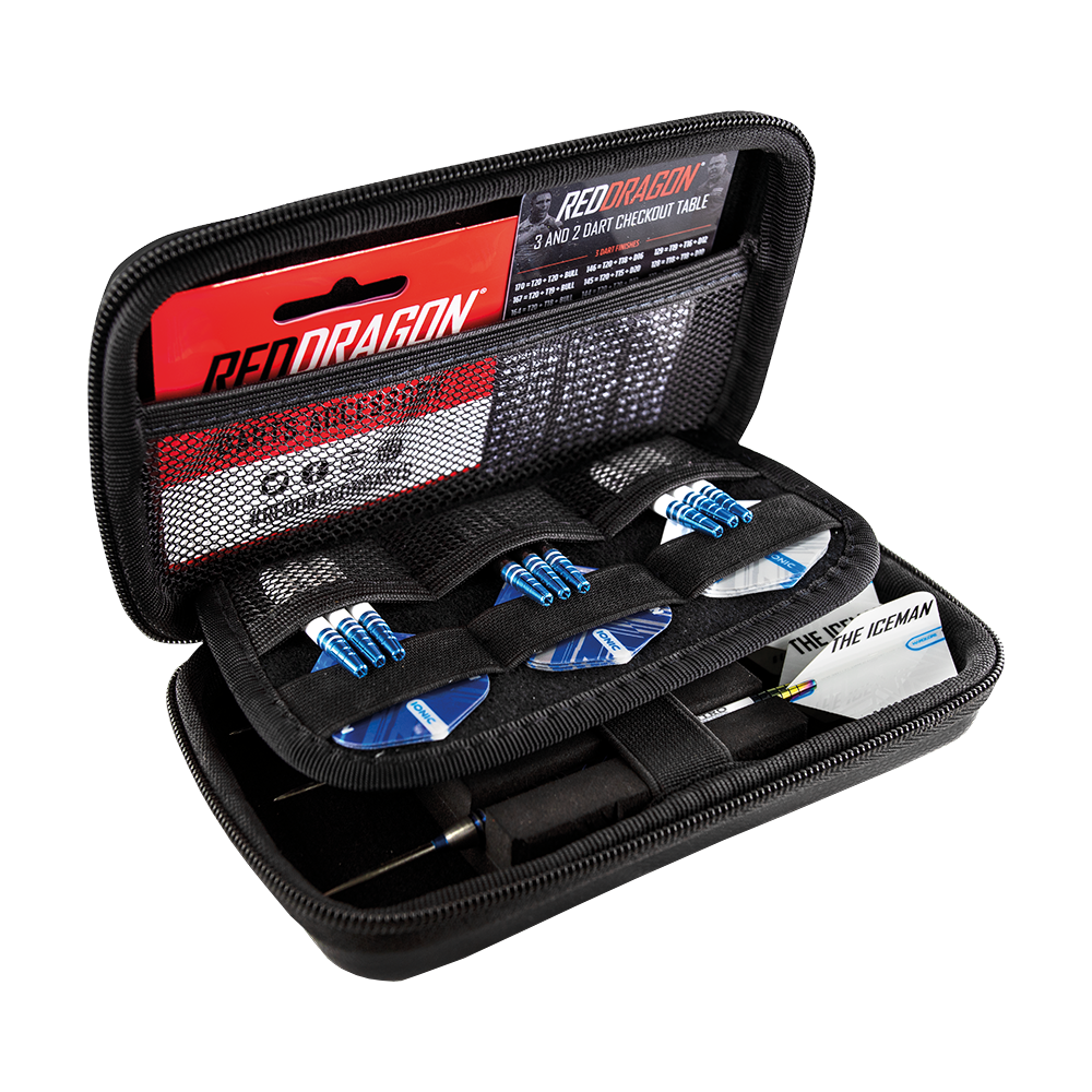 Das Bild zeigt das Produkt "Red Dragon Gerwyn Price World Champion Dartcase". Es ist ein offenes Dartcase mit mehreren Fächern für Pfeile und Zubehör.