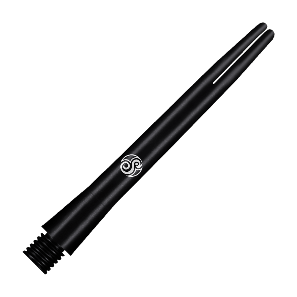 Dies ist ein schwarzer Shot Aluminium Schaft. Er hat ein schlankes Design mit einem weißen Logo in der Mitte.
