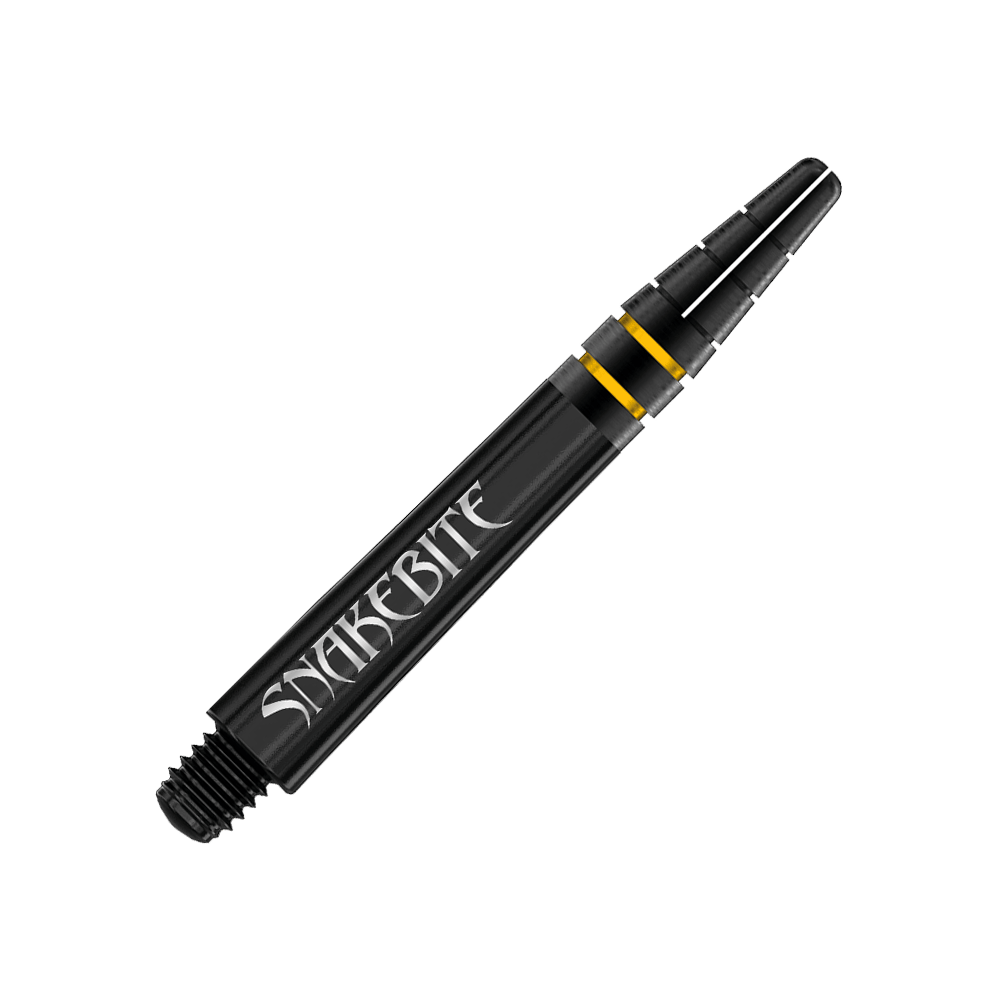 Das Bild zeigt einen schwarzen Dart-Schaft mit der Aufschrift „SNAKEBITE“. Der Schaft hat zwei goldene Ringe als Akzent.