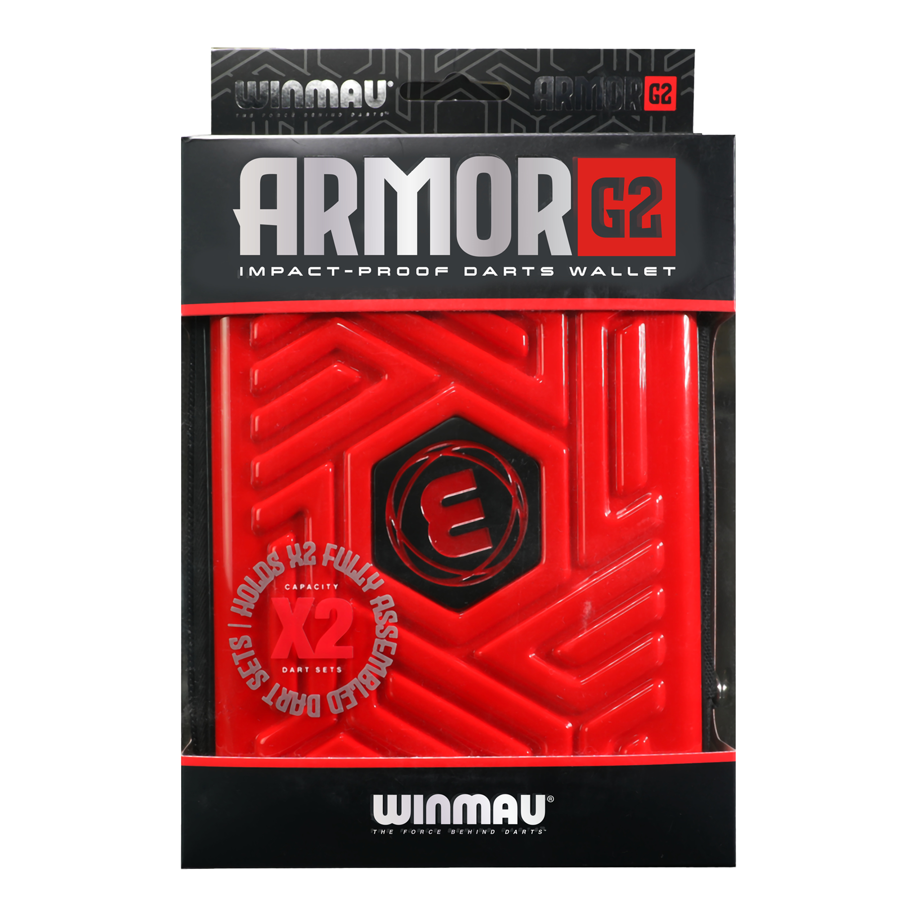 Winmau Armor G2 Dartwallet Das Bild zeigt eine rote, stoßfeste Darttasche der Marke Winmau namens "Armor G2". Die Verpackung informiert, dass sie zwei vollständig montierte Dart-Sets aufnehmen kann.