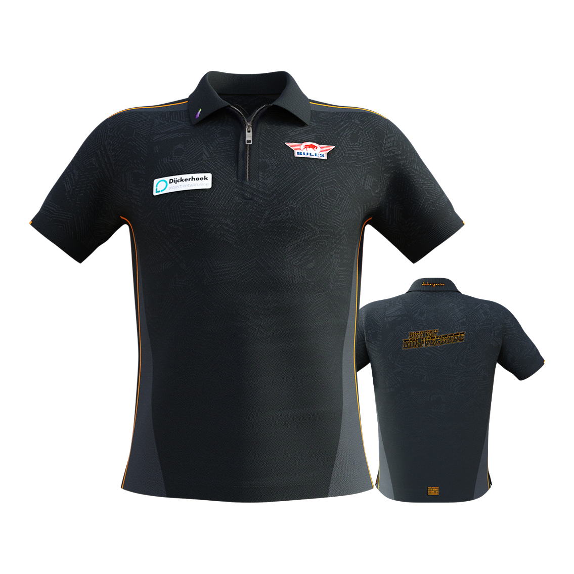 Bulls NL Dirk Van Duijvenbode Matchshirt 2025 Das Bild zeigt das "Bulls NL Dirk Van Duijvenbode Matchshirt 2025" in dunklem Design mit dezenten Mustern und orangenen Akzenten. Auf der Vorderseite sind Logos und Sponsoren zu sehen, während auf der Rückseite der Name "Dirk van Duijvenbode" steht.