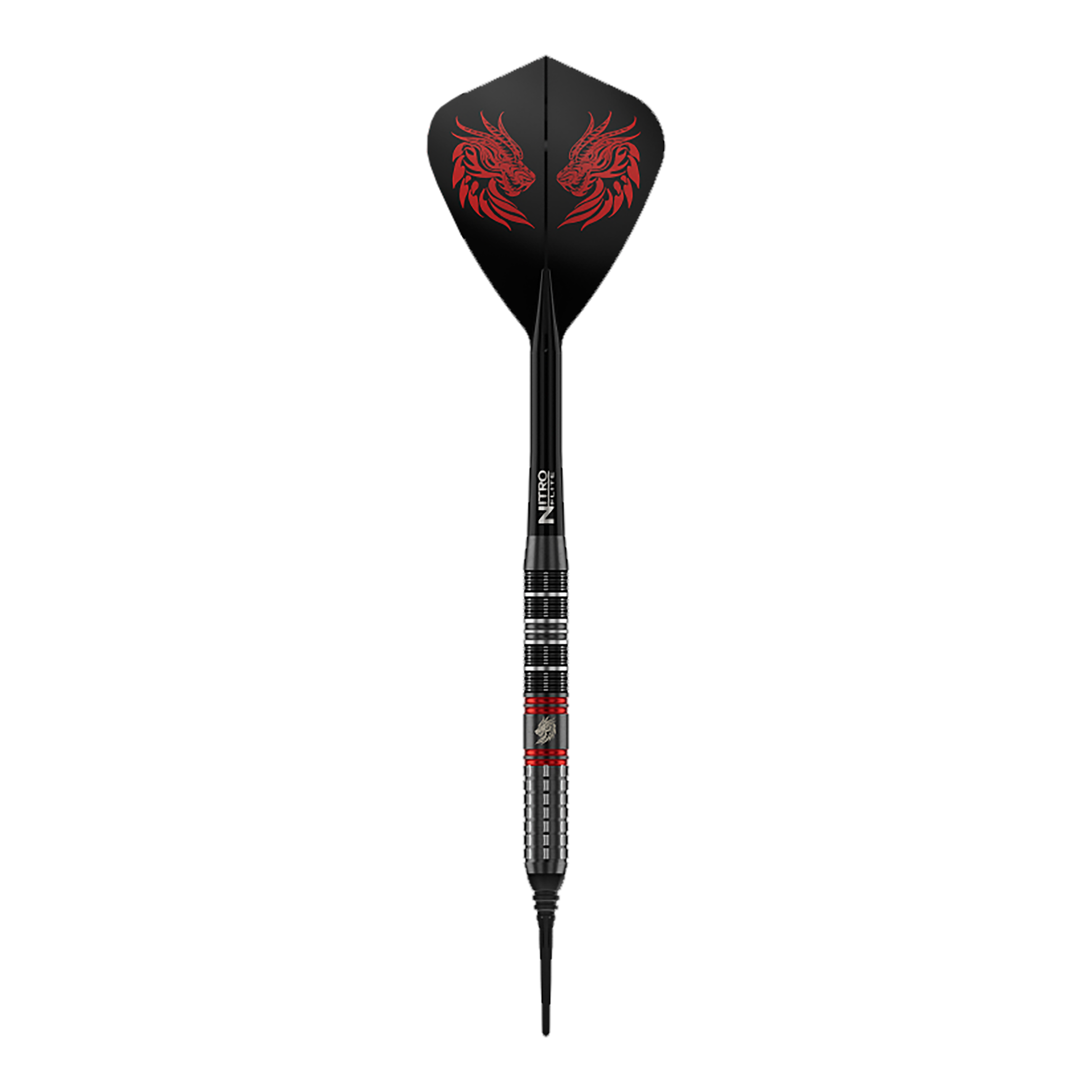 Red Dragon Jonny Clayton RD-ULTRA Softdarts - 18g Dieses Bild zeigt einen einzelnen Red Dragon Jonny Clayton RD-ULTRA Softdart mit 18g. Zu sehen sind silberne, schwarze und rote Elemente sowie ein auffälliger Flight.