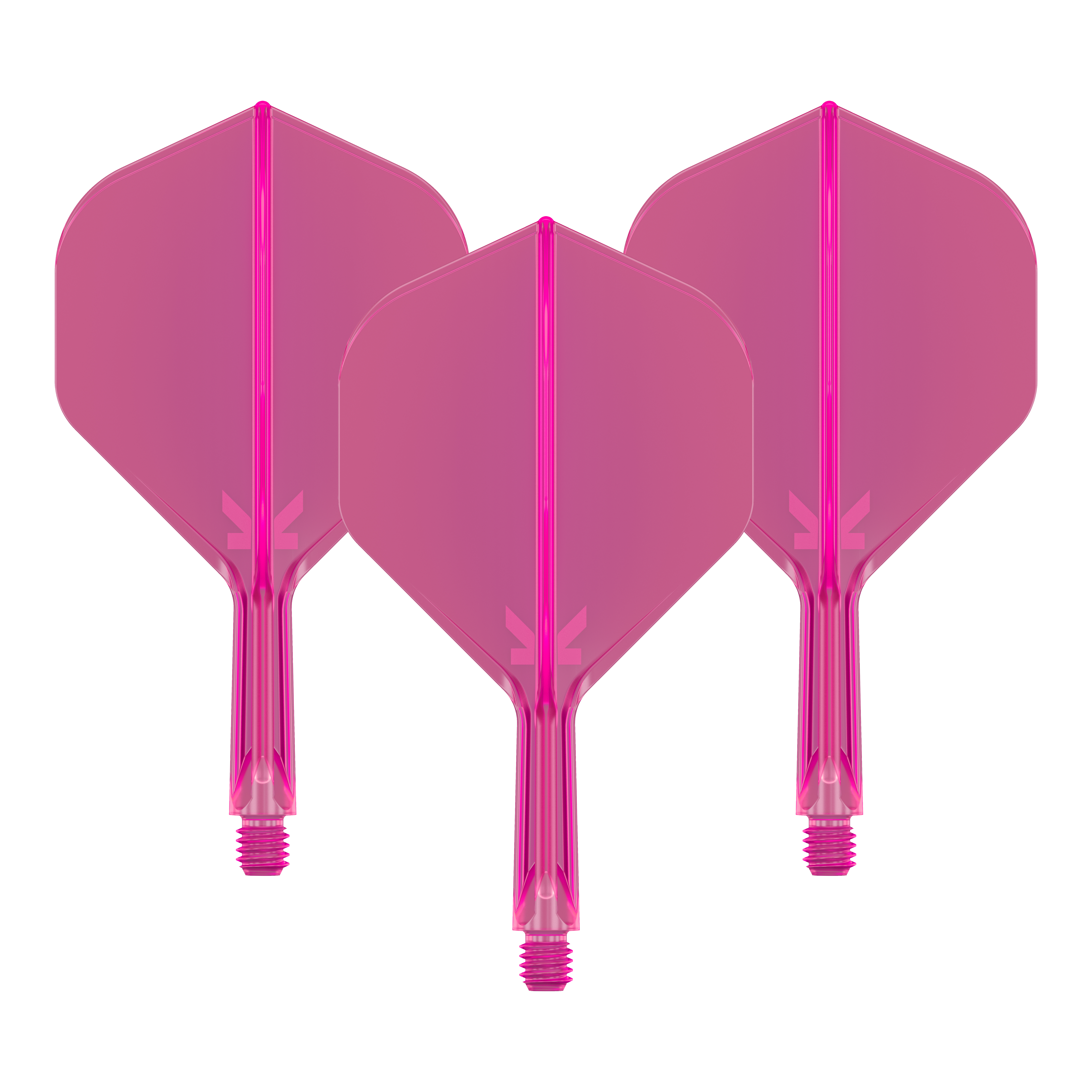Target K-Flex No2 Standard Flight-System - Neon Pink Das Bild zeigt drei pinkfarbene Dart-Flights mit Schäften. Sie sind nebeneinander angeordnet und haben eine neonpinke Farbe.