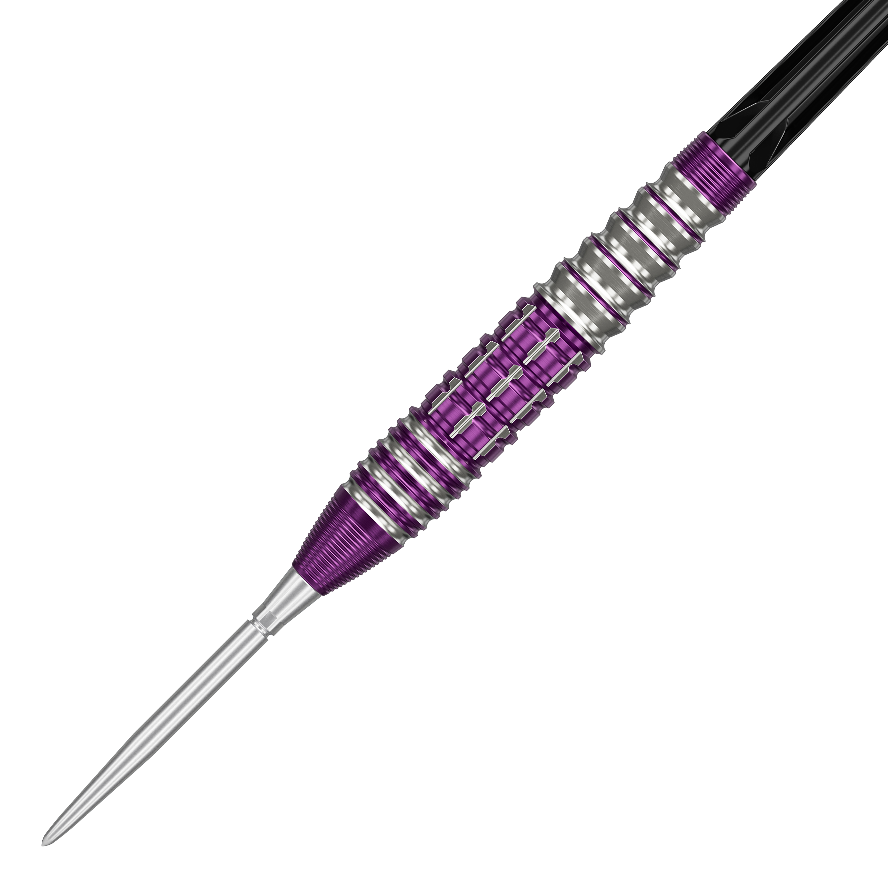 Das Bild zeigt einen Target Japan Prime Series Tung Suk Zenith GEN1 Swiss Point Steeldart mit 23g Gewicht. Der Dart hat ein auffälliges Design mit silbernen und lila Elementen am Griff.