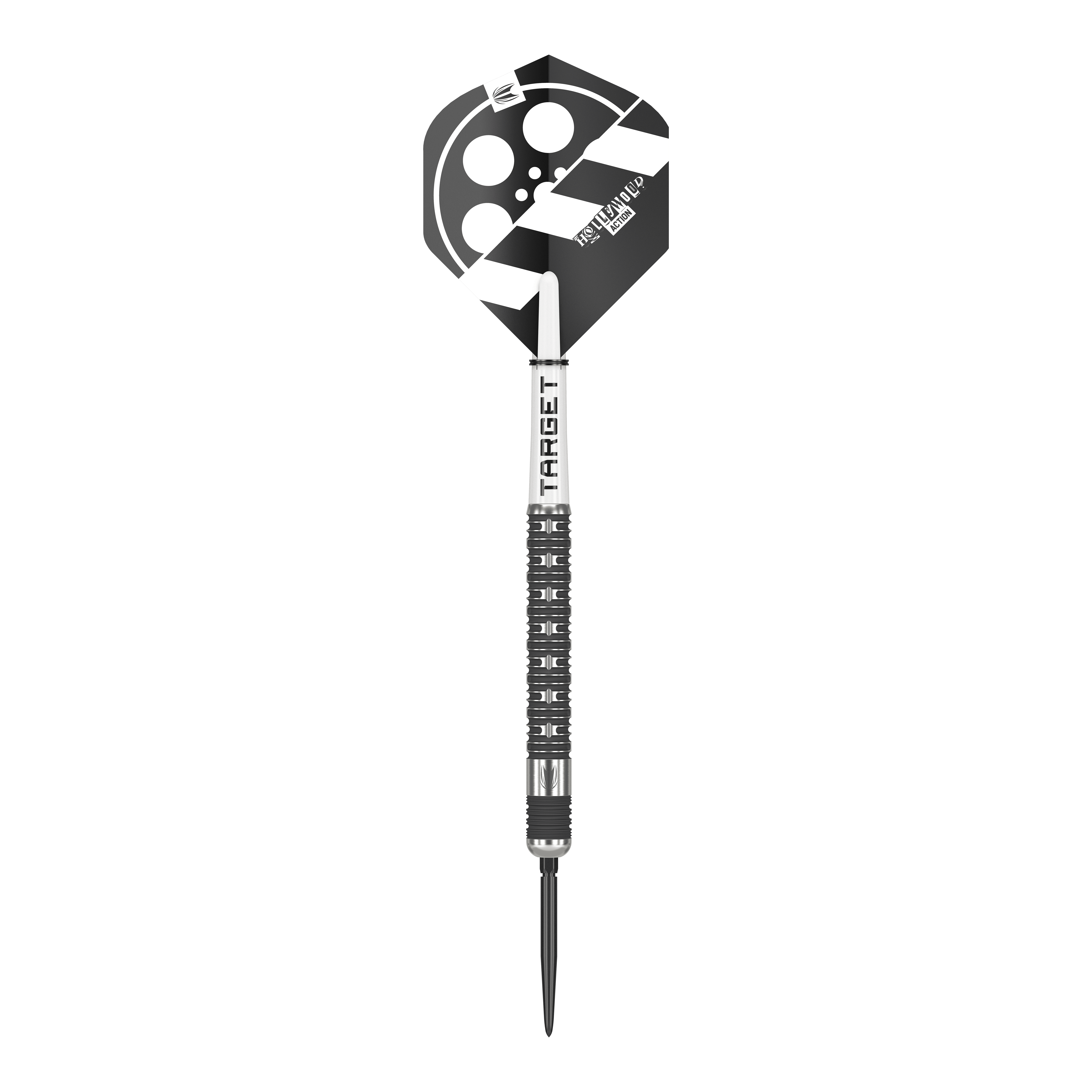 Das Bild zeigt einen Steeldartpfeil mit dem Namen "Target Chris Dobey Hollywood Action Swiss Point". Der Dart hat ein schwarz-weißes Design mit einem Filmklappen-Motiv auf dem Flight.