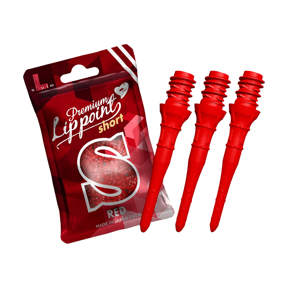 Auf dem Bild ist eine Packung mit Premium Lippoints in der Ausführung "short" zu sehen. Daneben liegen drei rote Dartspitzen.