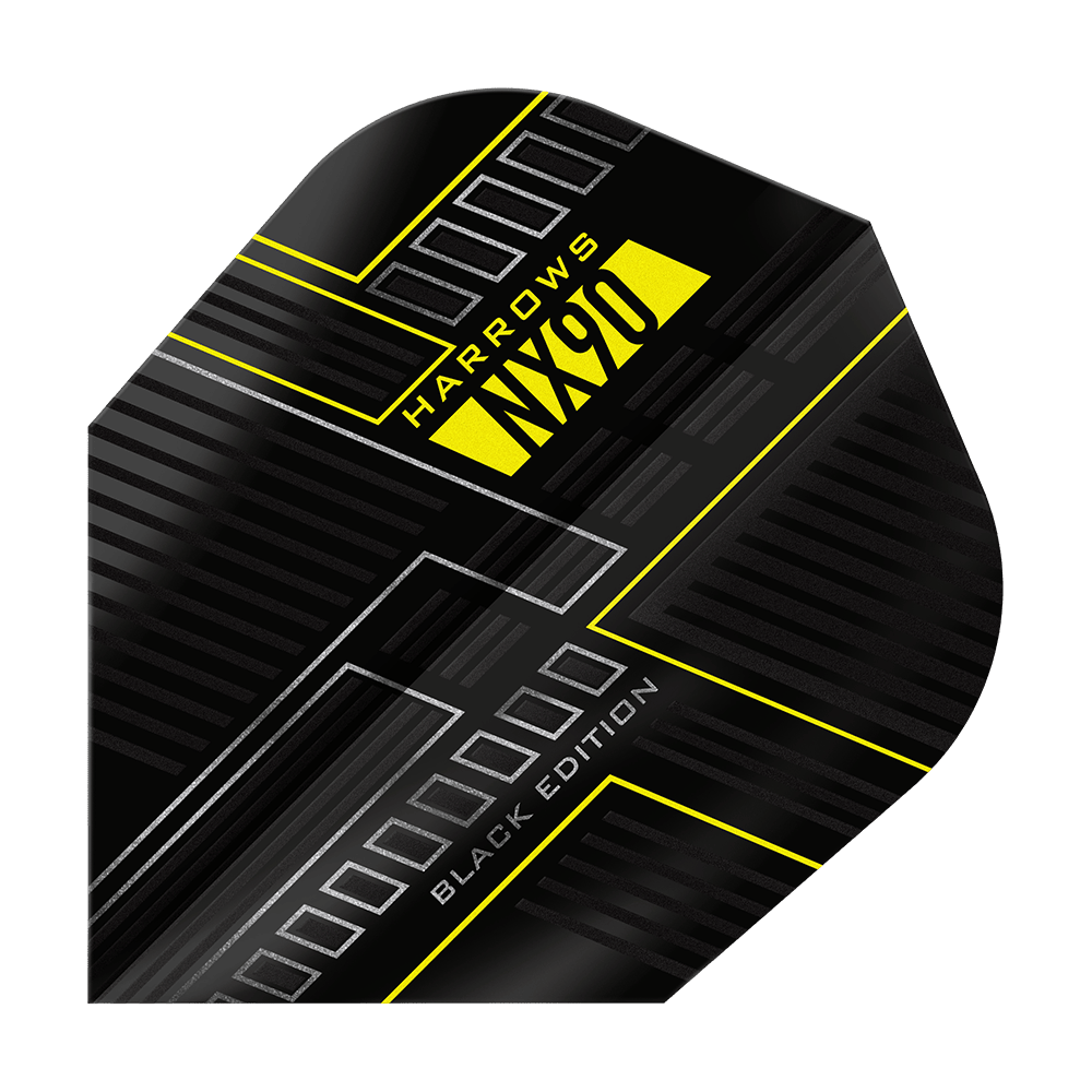 Harrows NX90 Black-Edition No6 Flights Dies ist das Harrows NX90 Black-Edition No6 Flight. Das Design ist überwiegend schwarz mit gelben und silbernen Akzenten.