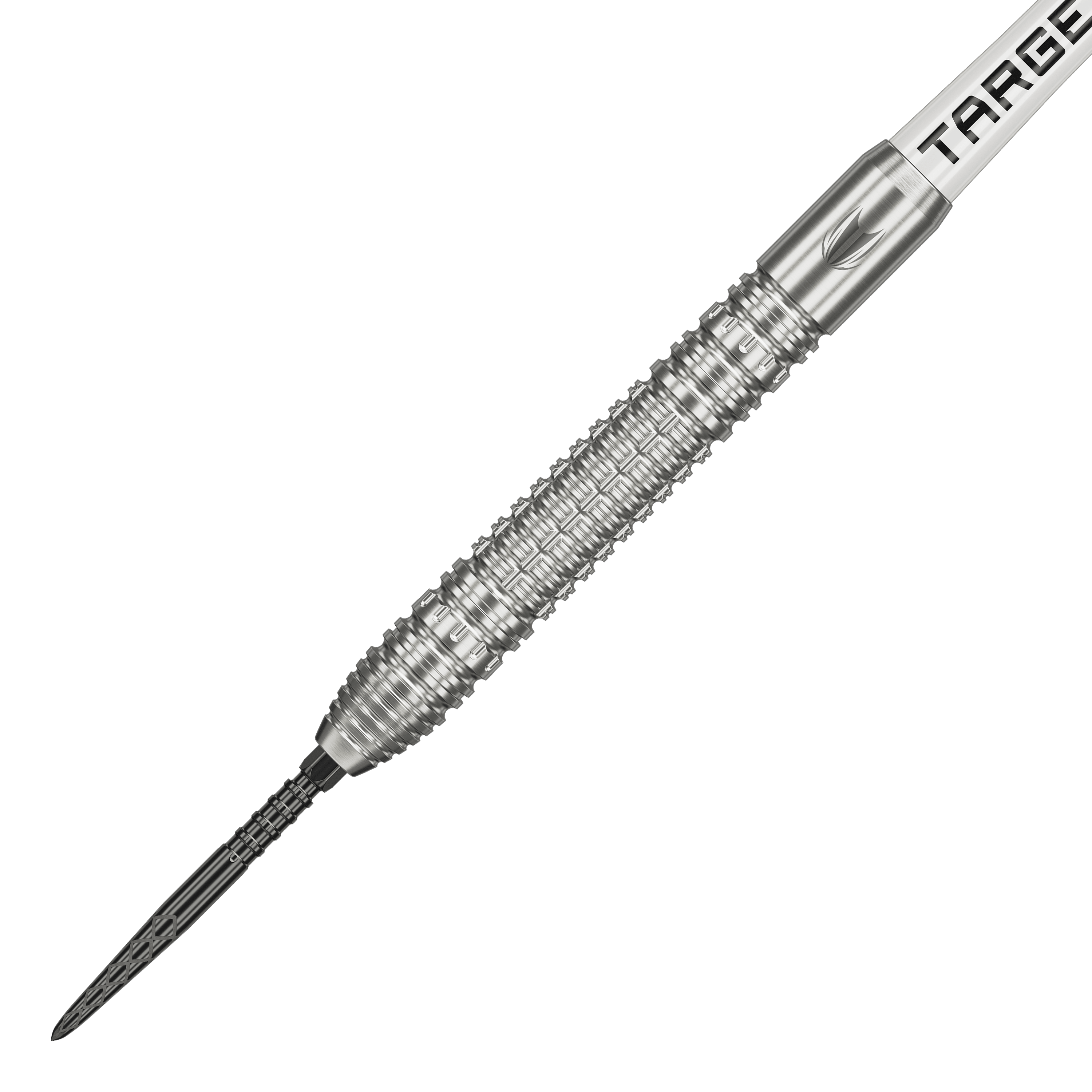 Target Shane McGuirk GEN1 Swiss Point Steeldarts - 23g Das Bild zeigt einen Target Shane McGuirk GEN1 Swiss Point Steeldart mit einem Gewicht von 23 Gramm. Der Dartpfeil besteht aus silbernem Metall und hat eine strukturierte Griffzone für besseren Halt.