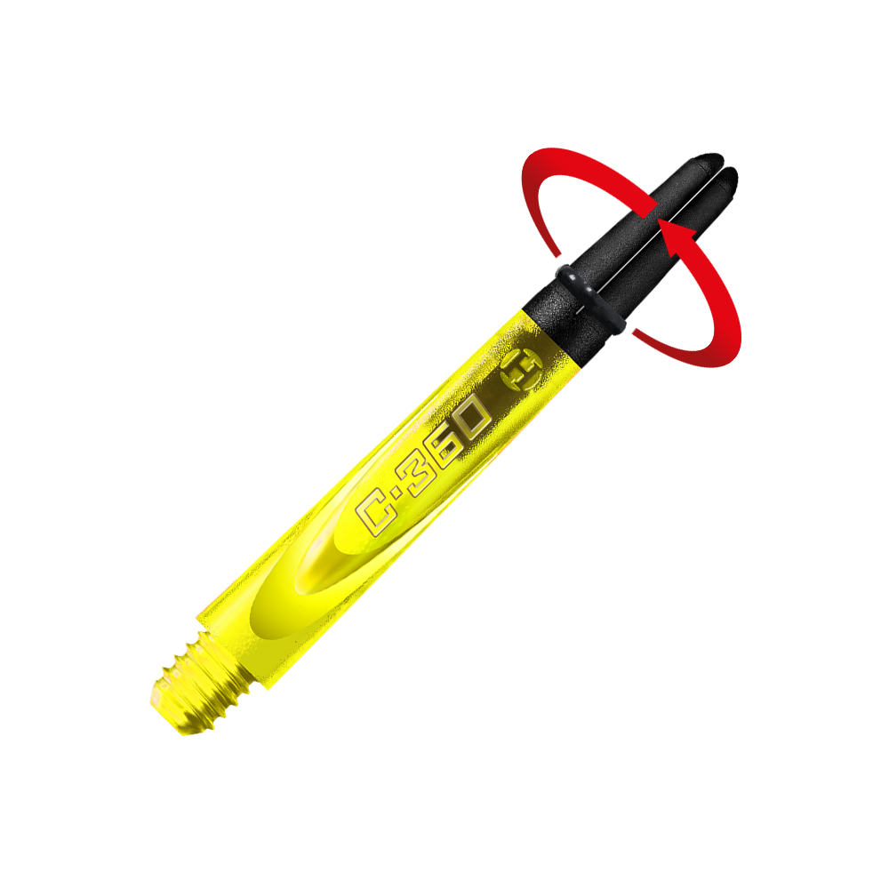 HR450_Harrows_Carbon_360_Shafts_Gelb_42mm_2_Symbol Das Bild zeigt einen gelben Carbon-360 Dart-Schaft von Harrows mit der Aufschrift "C-360". Der Schaft hat ein schwarzes oberes Ende und einen Schraubgewinde-Anschluss.
