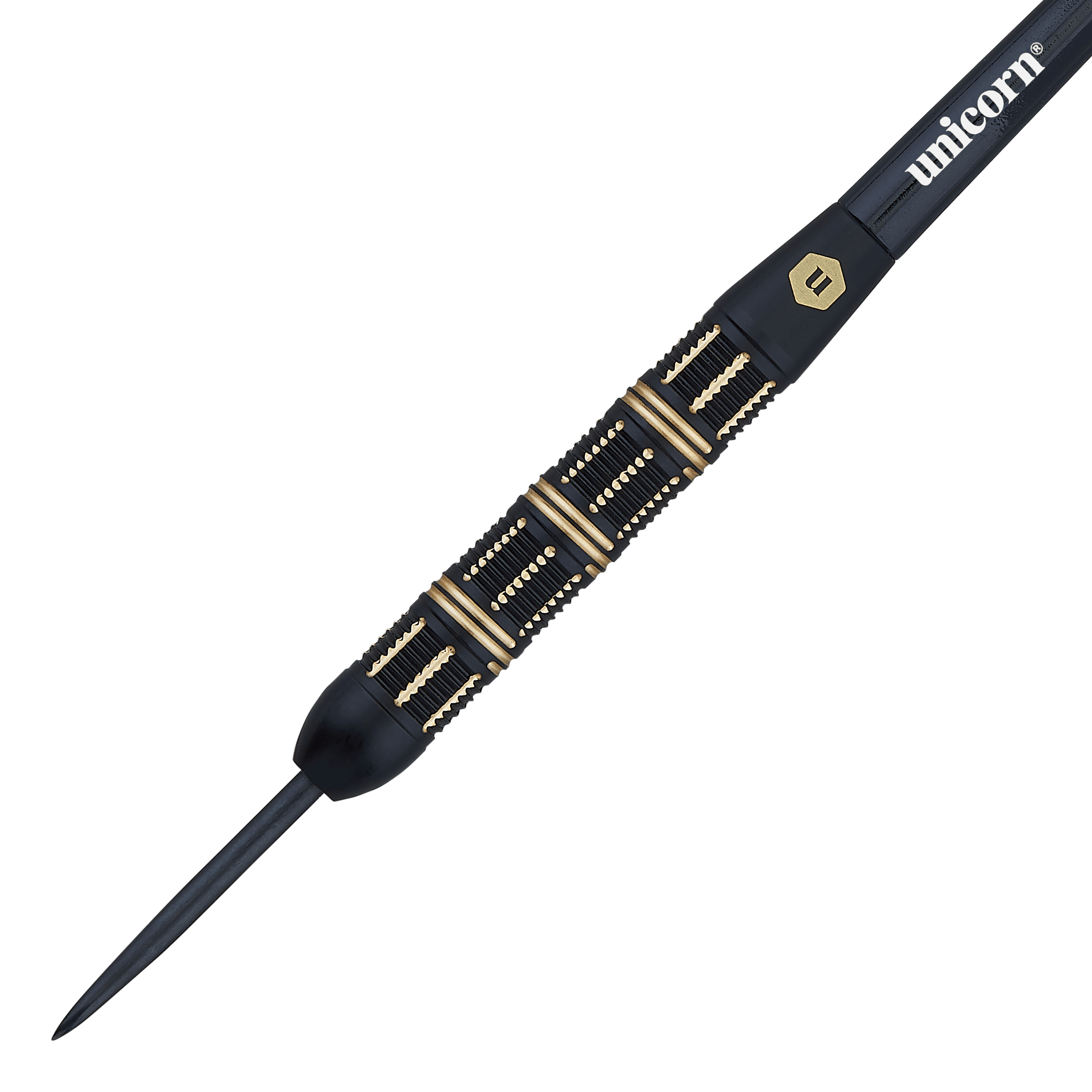 Das Bild zeigt einen schwarzen Steeldartpfeil mit goldenen Akzenten und der Aufschrift „unicorn“. Es handelt sich um das Modell „Unicorn Top Brass V3 Steeldarts - 21g“.