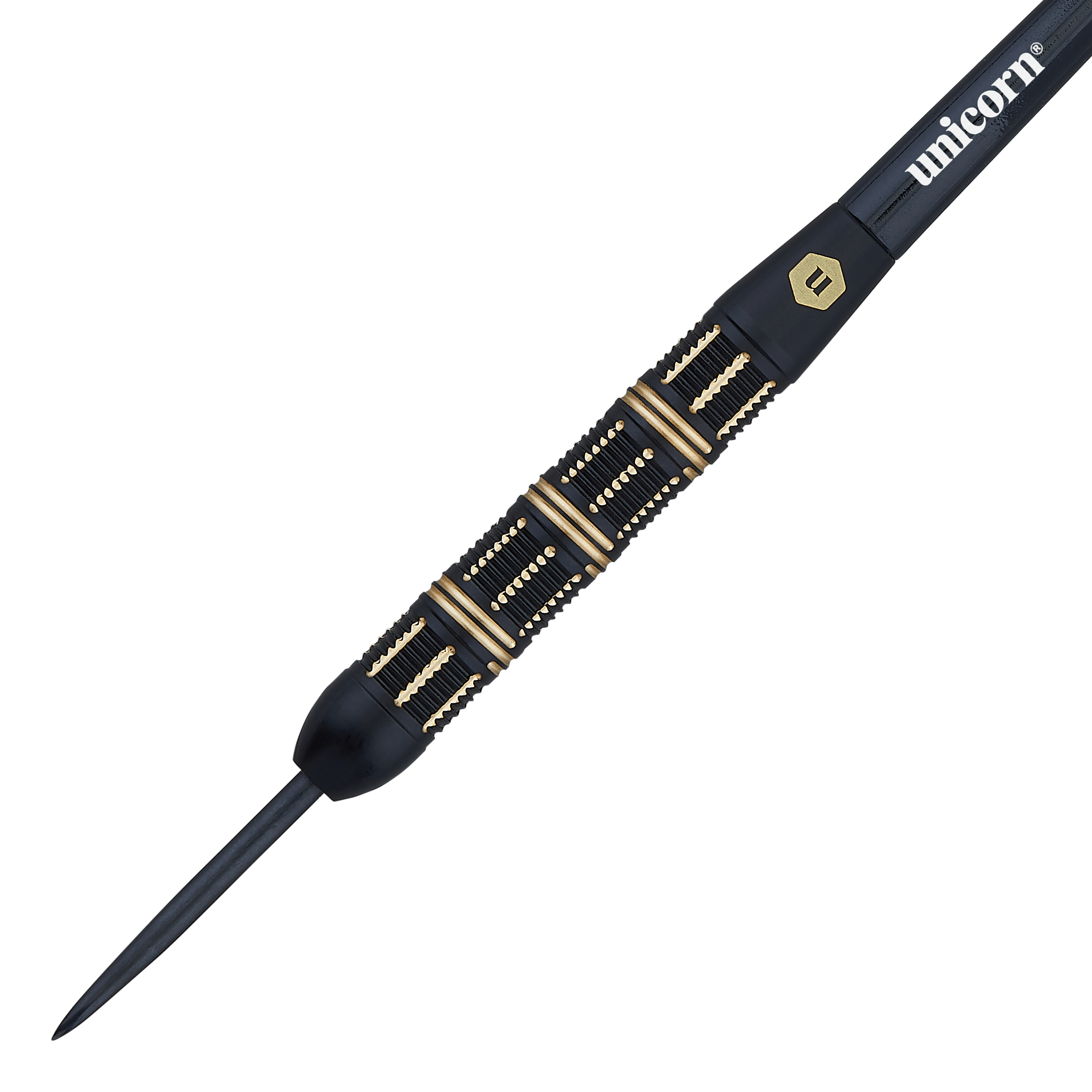 Unicorn Top Brass V3 Steeldarts - 21g Das Bild zeigt einen schwarzen Steeldartpfeil mit goldenen Akzenten und der Aufschrift „unicorn“. Es handelt sich um das Modell „Unicorn Top Brass V3 Steeldarts - 21g“.