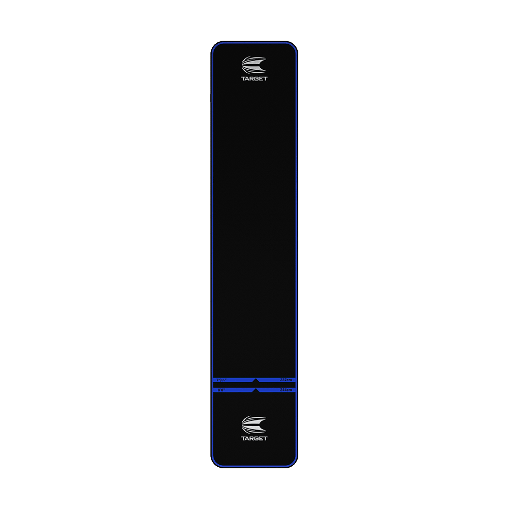 Das Bild zeigt die Target World Champions Dartmatte in Schwarz mit blauen Linien. In der Mitte und am unteren Rand ist das Target-Logo abgebildet.