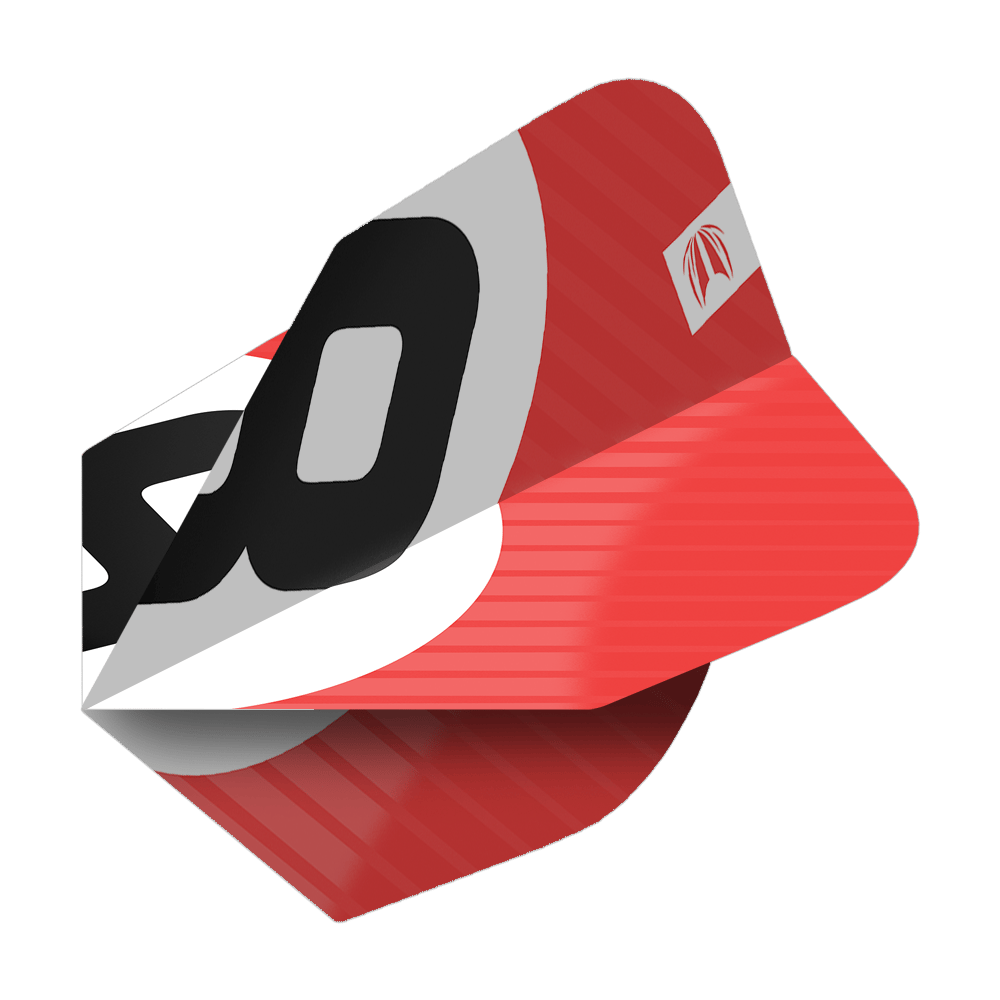 Das Bild zeigt einen roten Dartflight mit dem Produktnamen "Target Pro Ultra Chicane Red No6 Flights". Auf dem Flight sind schwarze und weiße Designelemente sowie ein Logo abgebildet.