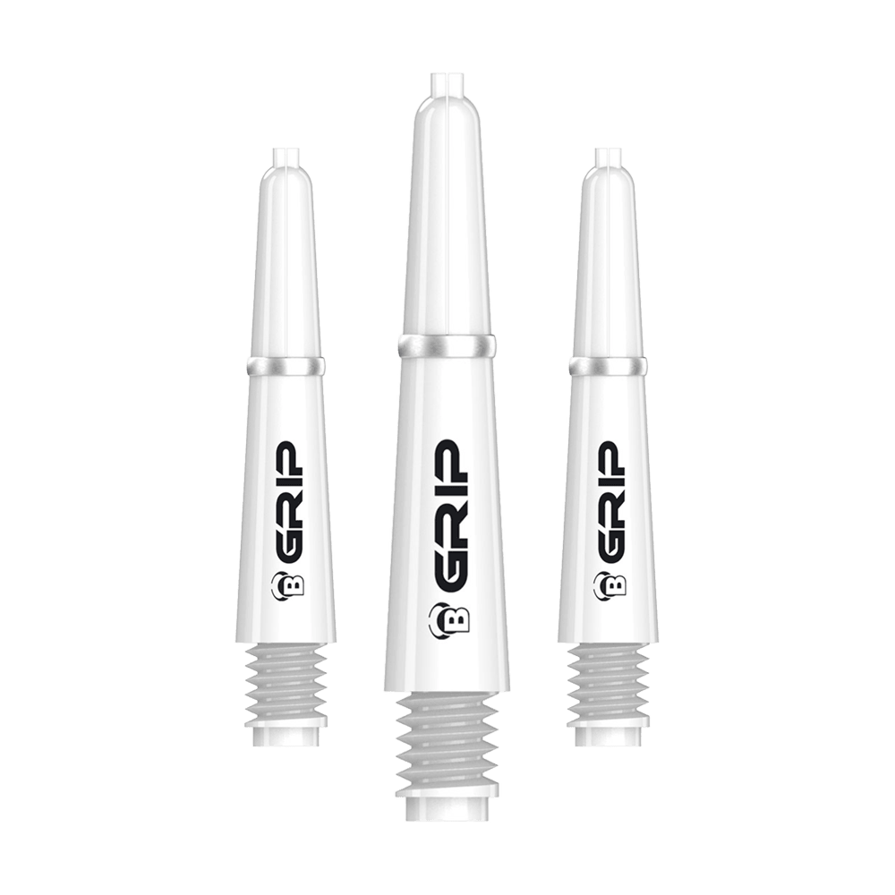 BS55089_Bulls_B-Grip-2_SL_Shafts_Weiss_28mm_1 Auf dem Bild sind drei weiße Dartschäfte des Modells "Bulls B-Grip-2 SL" zu sehen. Sie sind schlank geformt und tragen den schwarzen Schriftzug "GRIP" auf der Seite.