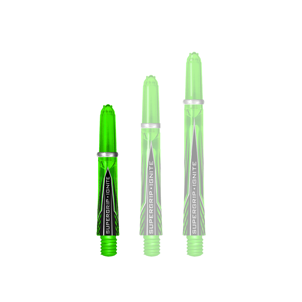 HR389_Harrows_Supergrip_Ignite_Shafts_Gr-n_33mm_1iTUVQXwgaZq29 Das Bild zeigt drei grüne Harrows Supergrip Ignite Shafts in unterschiedlichen Längen. Sie sind transparent und haben ein modernes, schwarz-grünes Design mit der Aufschrift "Supergrip Ignite".
