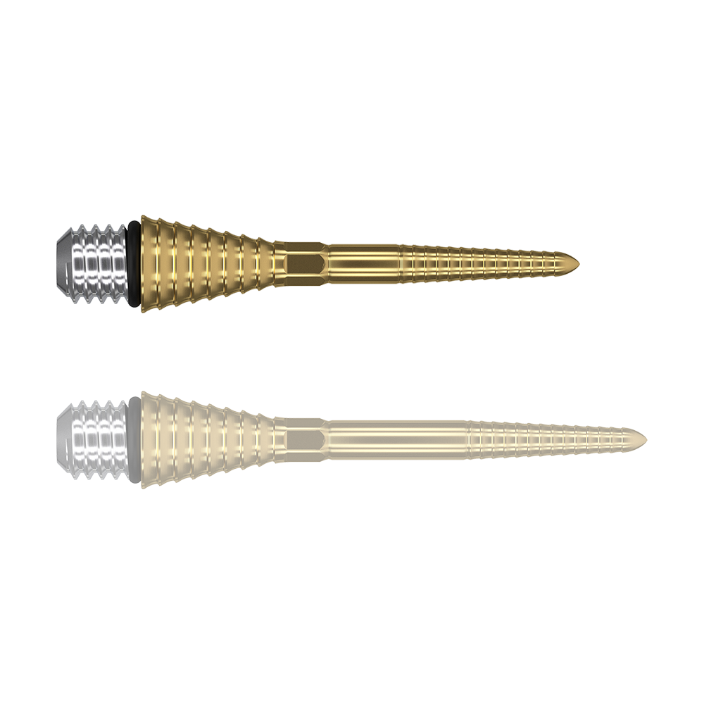 Das Bild zeigt zwei goldfarbene, gerillte Spitzen mit silbernem Schraubkopf. Sie sind vermutlich Ersatz- oder Konversionsspitzen für Darts.