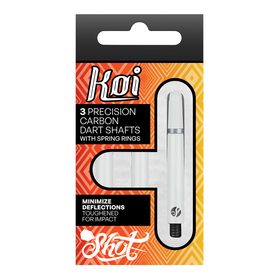 Shot Koi Carbon Shafts - Weiß Die Verpackung zeigt drei präzise Carbon-Dartschäfte mit Sprengringen der Marke Koi. Sie sind darauf ausgelegt, Ablenkungen zu minimieren und für eine hohe Schlagfestigkeit verstärkt.