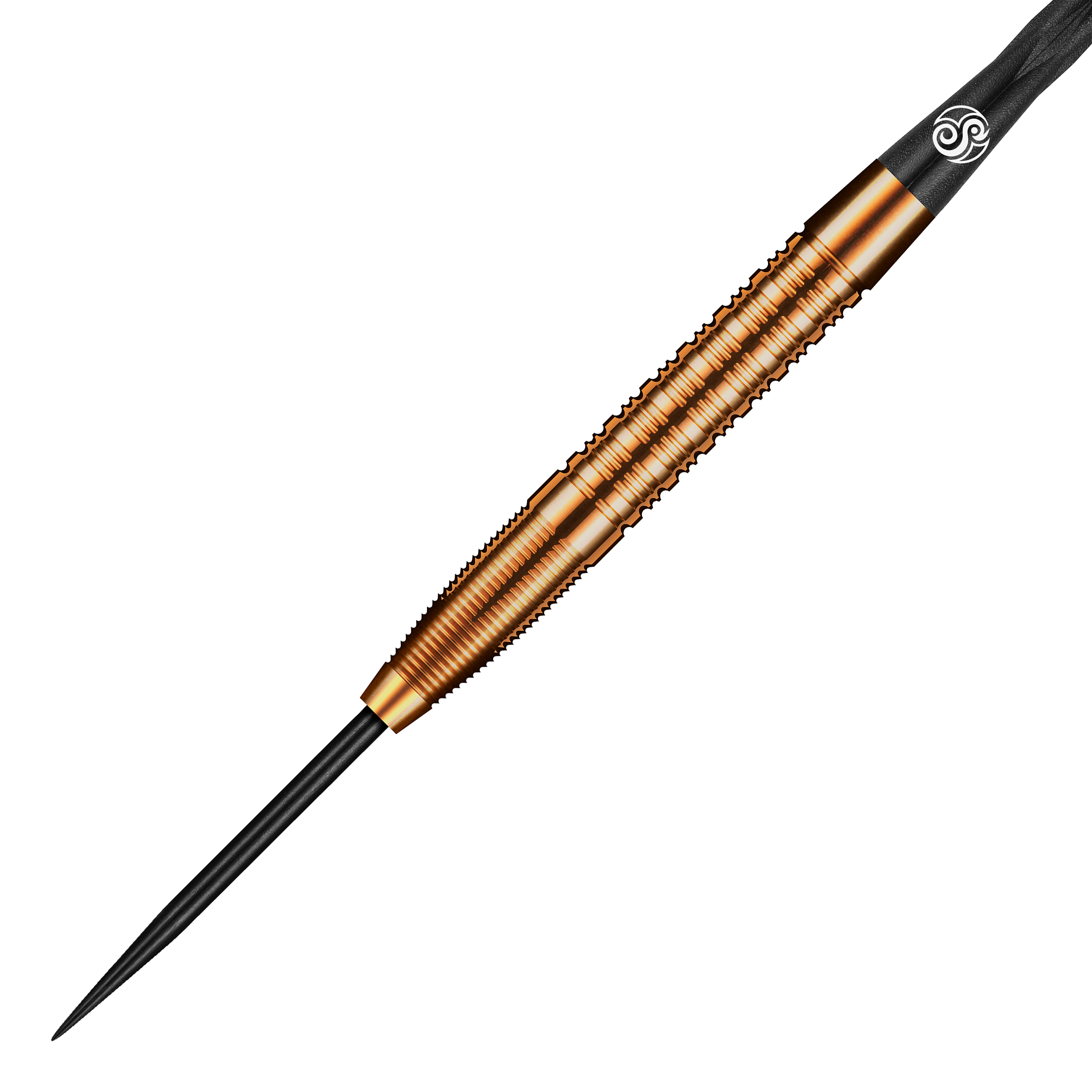 Das Bild zeigt einen Shot Pro Series Jake Womack Steeldart mit einem Gewicht von 23g. Der Dartpfeil hat ein auffälliges, bronzefarbenes Design mit feinen Rillen am Griff.