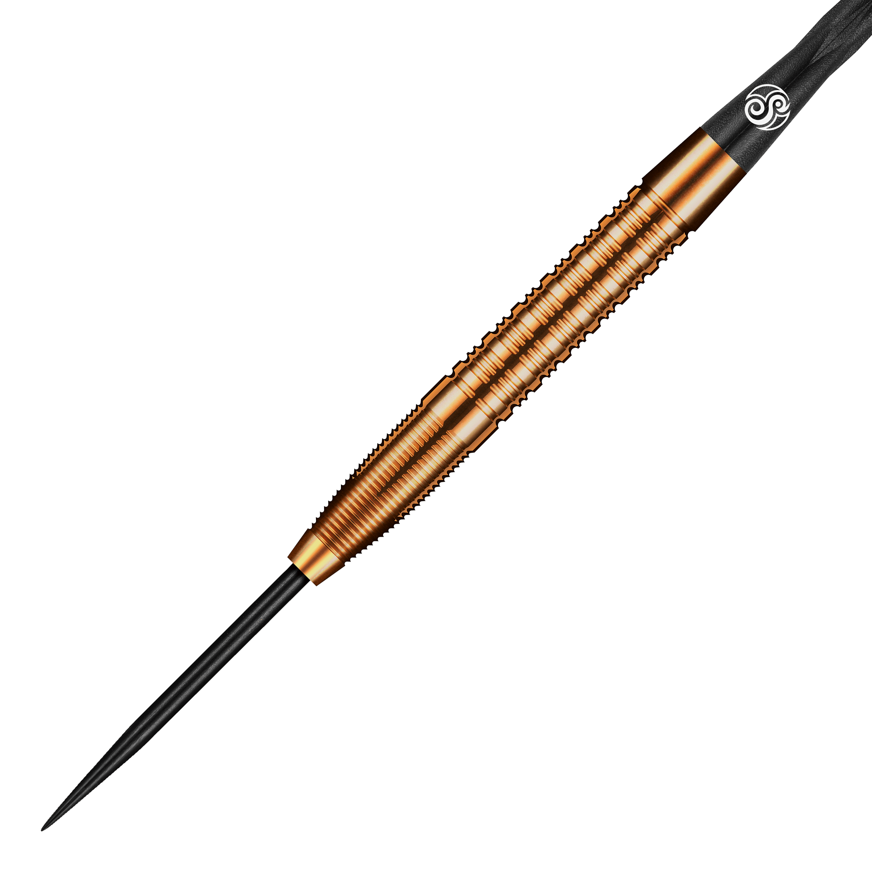 Shot Pro Series Jake Womack Steeldarts - 23g Das Bild zeigt einen Shot Pro Series Jake Womack Steeldart mit einem Gewicht von 23g. Der Dartpfeil hat ein auffälliges, bronzefarbenes Design mit feinen Rillen am Griff.