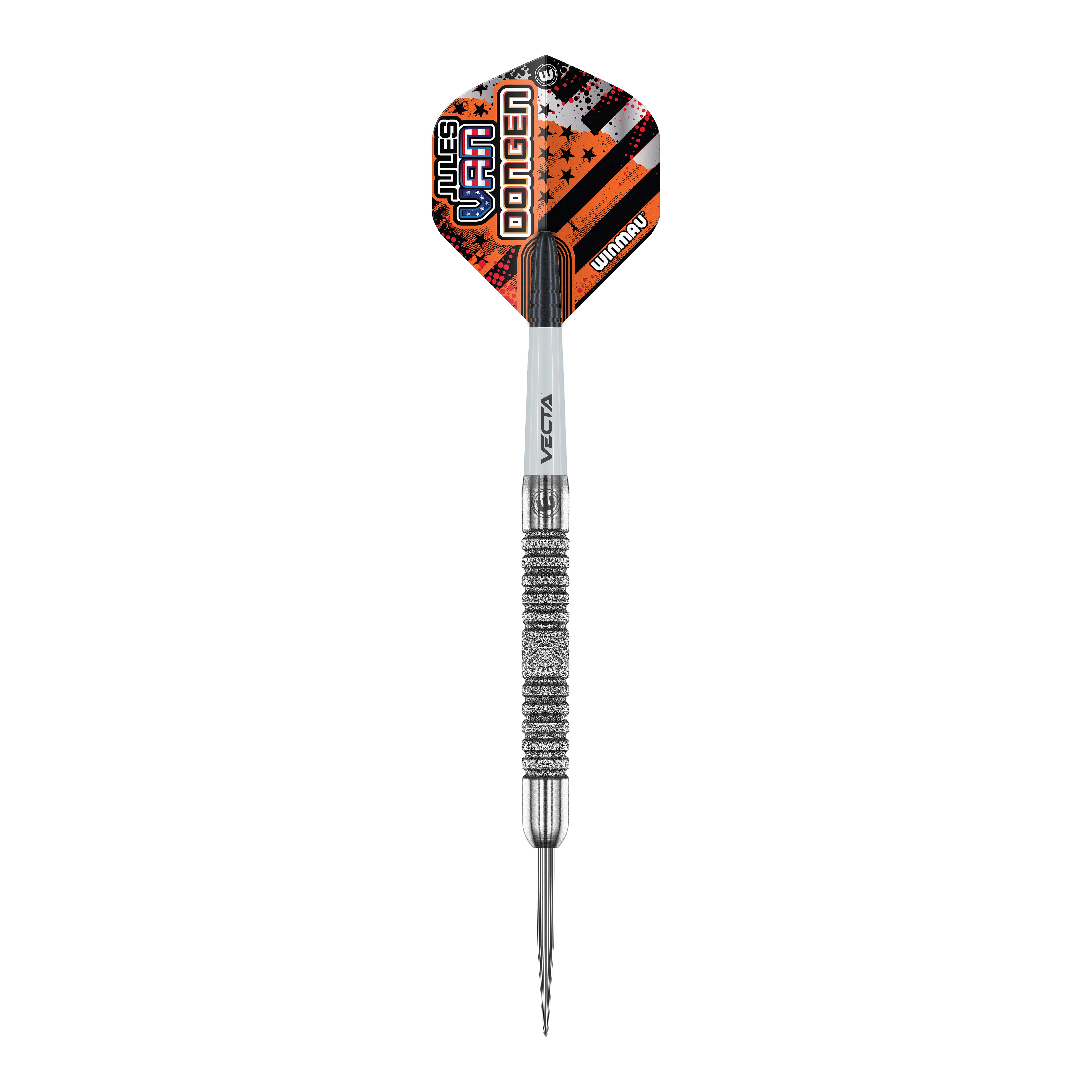 Dies ist ein Winmau Jules Van Dongen Steeldart mit einem Gewicht von 22 Gramm. Das Dart verfügt über ein auffälliges orange-schwarzes Flight-Design mit dem Namen des Spielers.