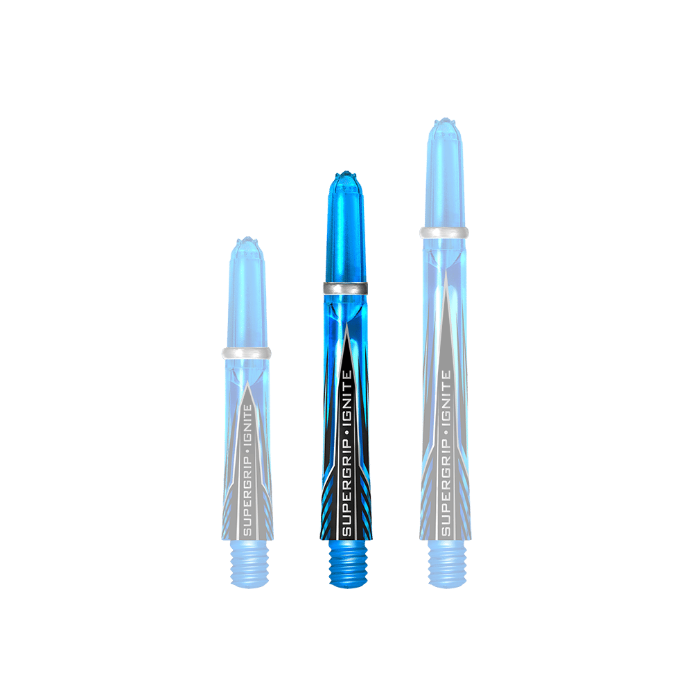 Das Bild zeigt drei blaue Harrows Supergrip Ignite Shafts in der Farbe Aqua, die nebeneinander stehen. Die Shafts sind unterschiedlich lang und haben ein modernes Design mit schwarzen und weißen Akzenten.