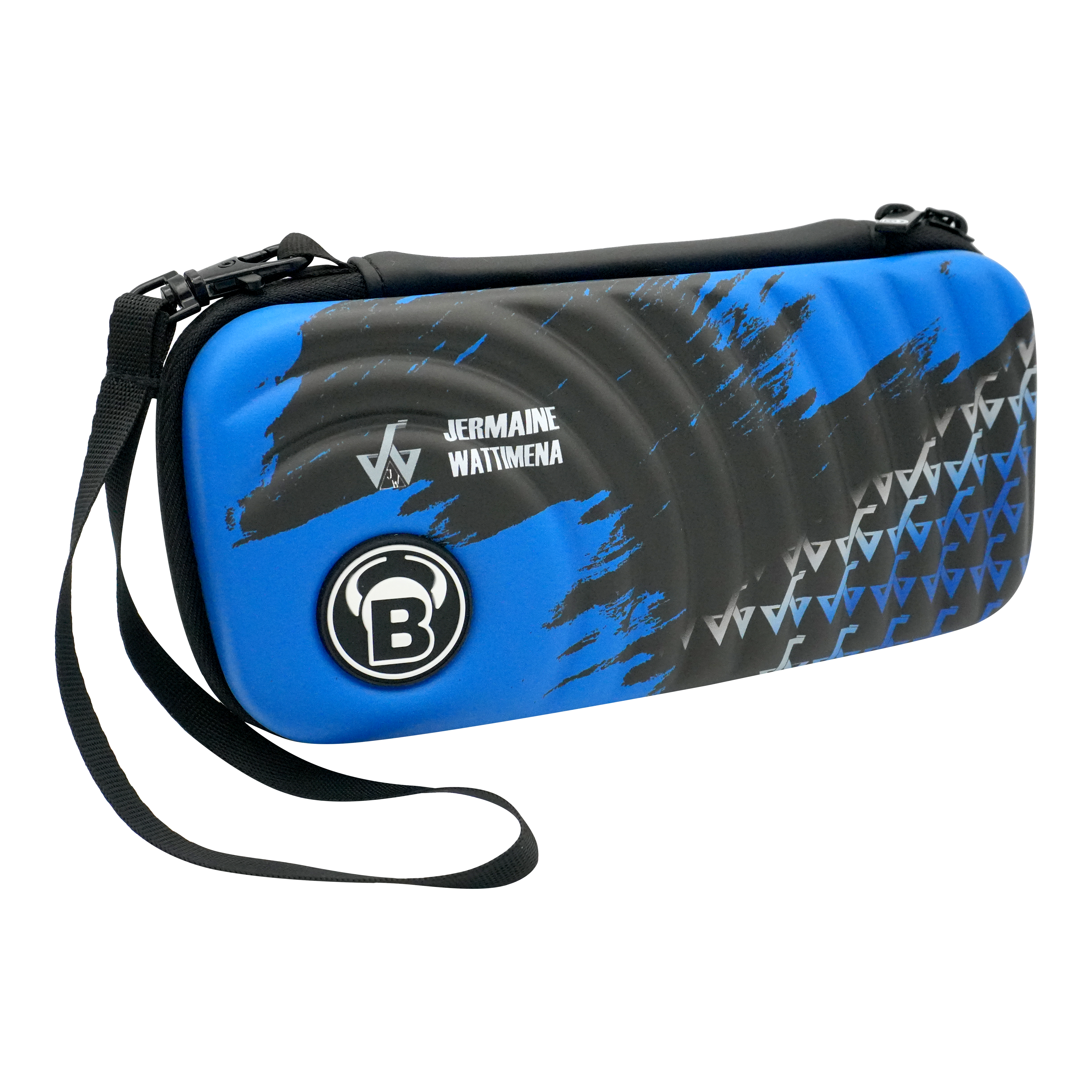 Bulls Orbis S Jermaine Wattimena Dartcase Auf dem Bild ist das Bulls Orbis S Jermaine Wattimena Dartcase zu sehen. Die Darttasche ist blau-schwarz gestaltet und trägt den Namen Jermaine Wattimena.