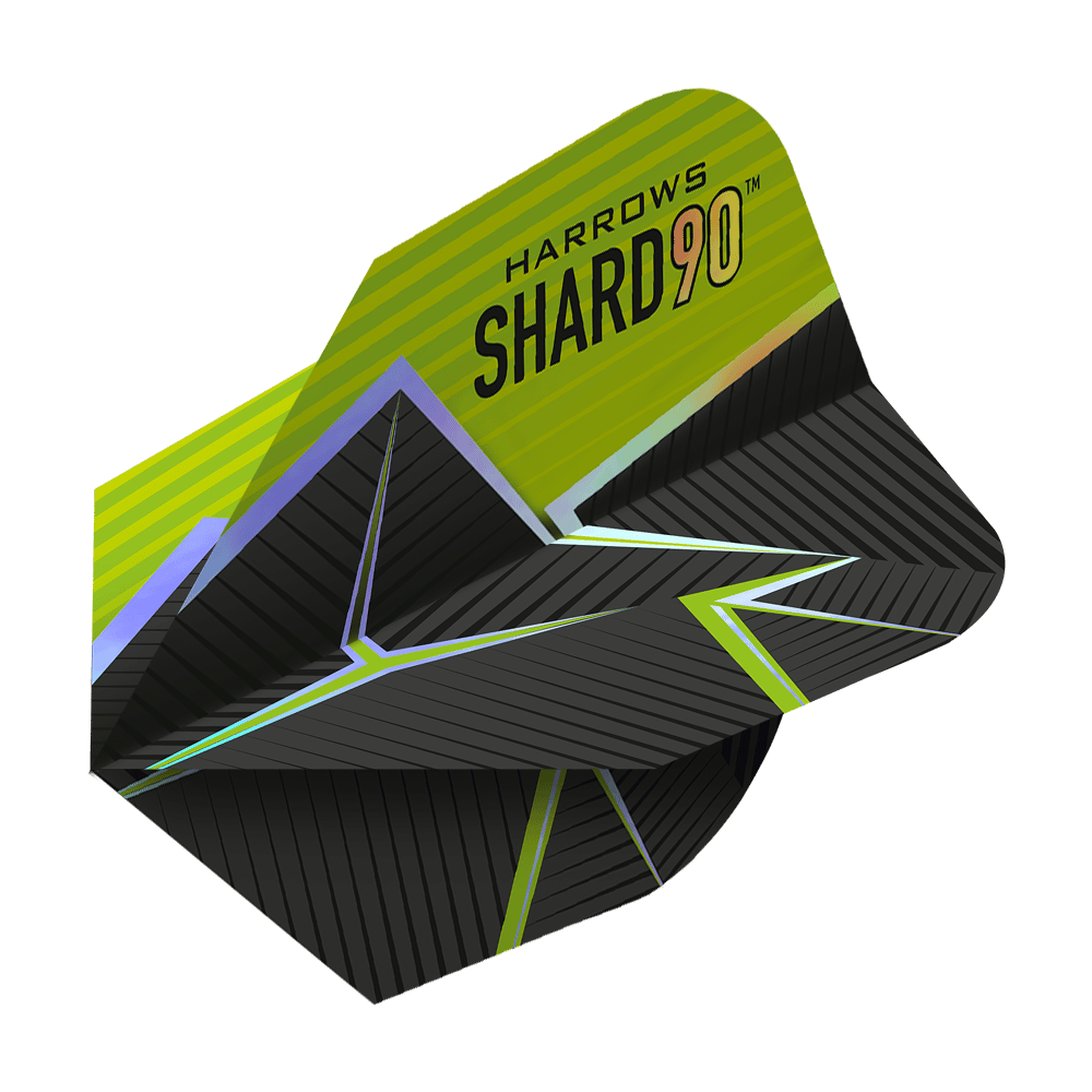 Das Bild zeigt das Produkt "Harrows Prime Shard No6 Flights". Die Flights haben ein modernes Design in Schwarz mit grünen und gelben Akzenten sowie geometrischen Mustern.
