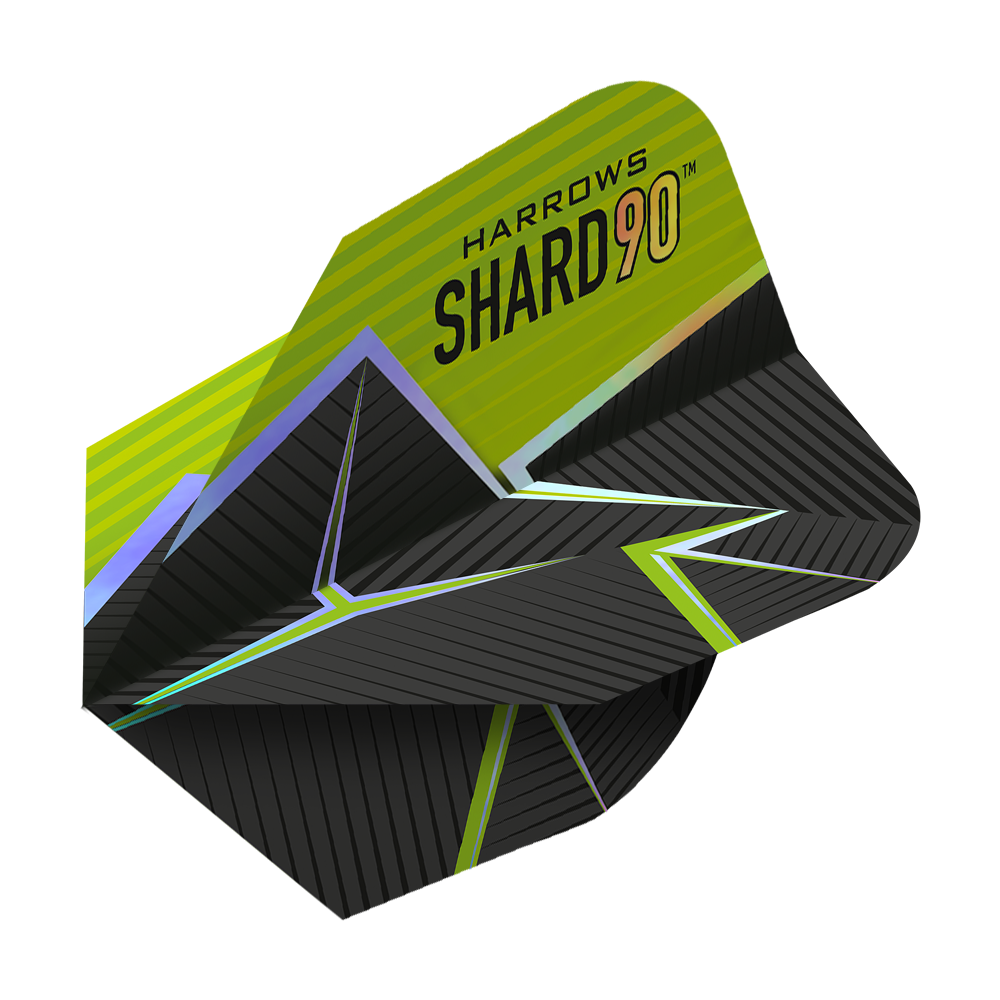 Harrows Prime Shard No6 Flights Das Bild zeigt das Produkt "Harrows Prime Shard No6 Flights". Die Flights haben ein modernes Design in Schwarz mit grünen und gelben Akzenten sowie geometrischen Mustern.